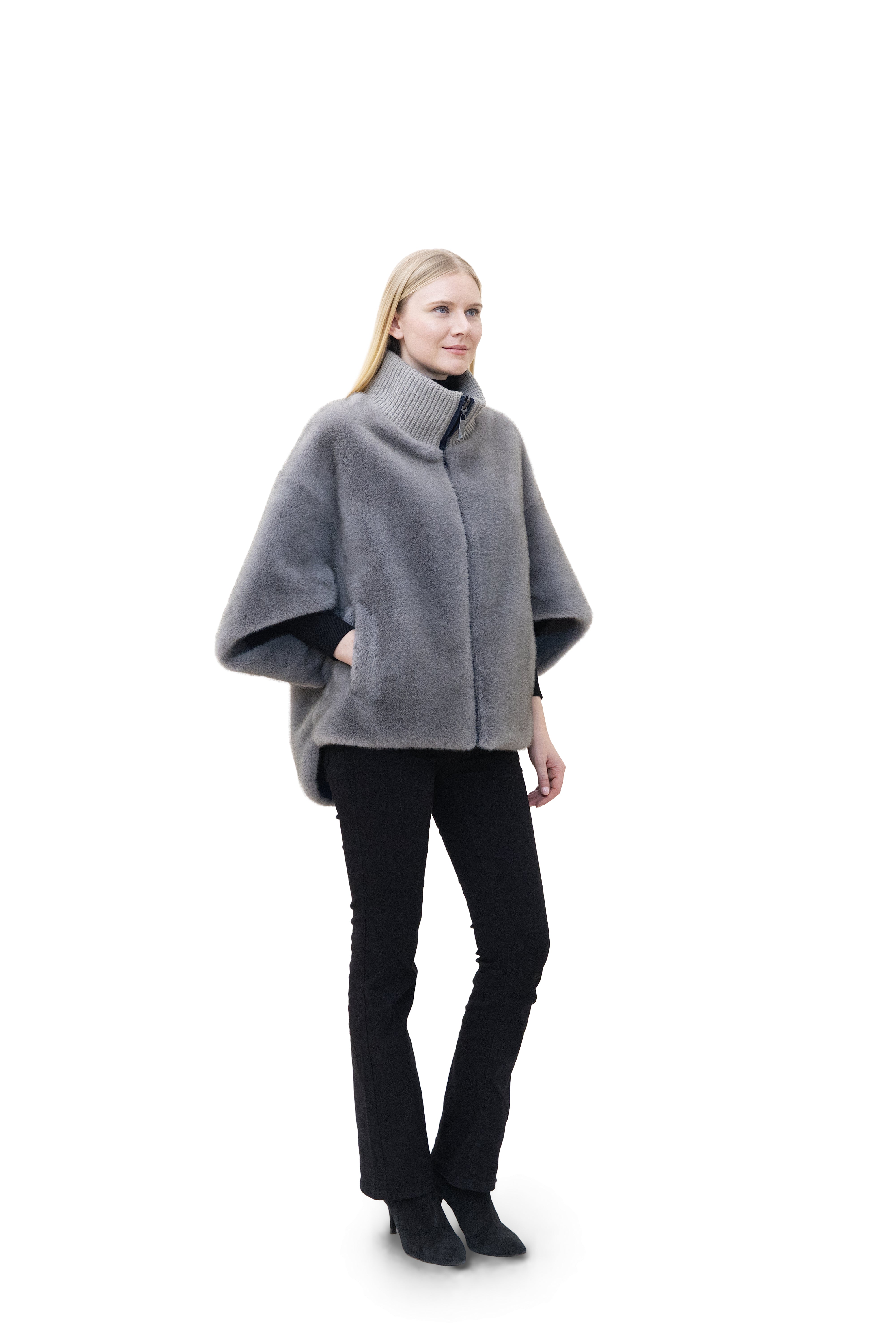Sunnydale - Reversible Faux Mink Cape Jacket with Ribbed Collar