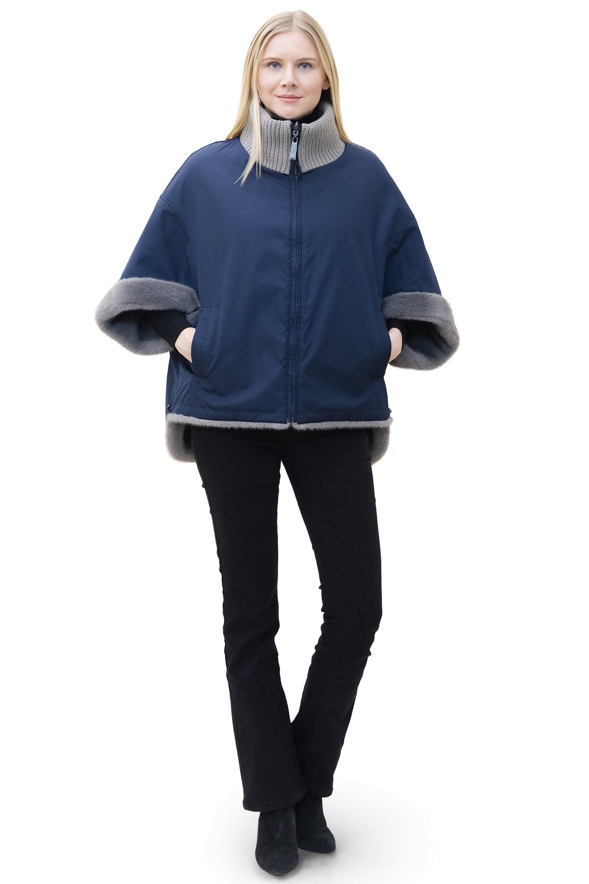 Sunnydale - Reversible Faux Mink Cape Jacket with Ribbed Collar