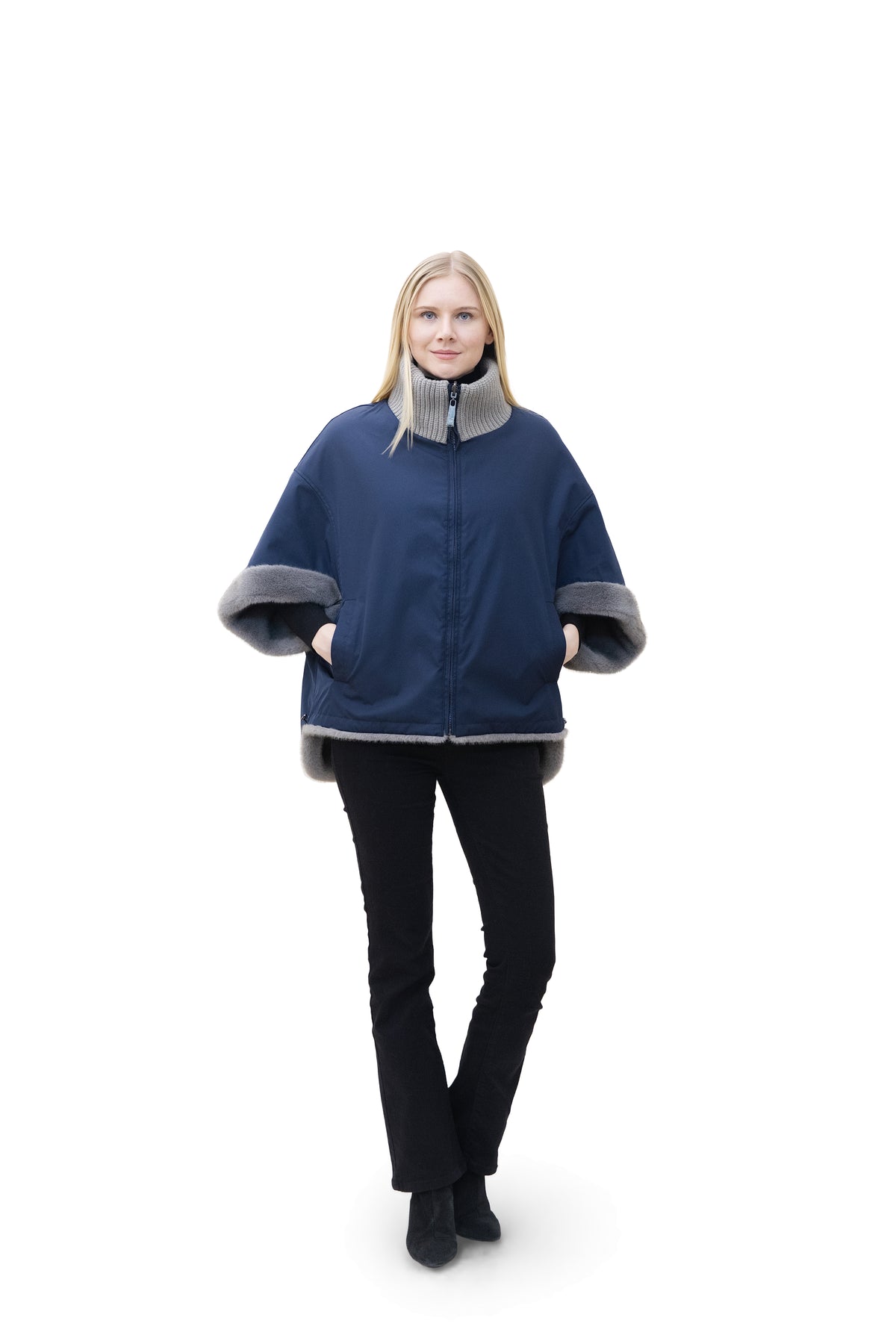 Sunnydale - Reversible Faux Mink Cape Jacket with Ribbed Collar