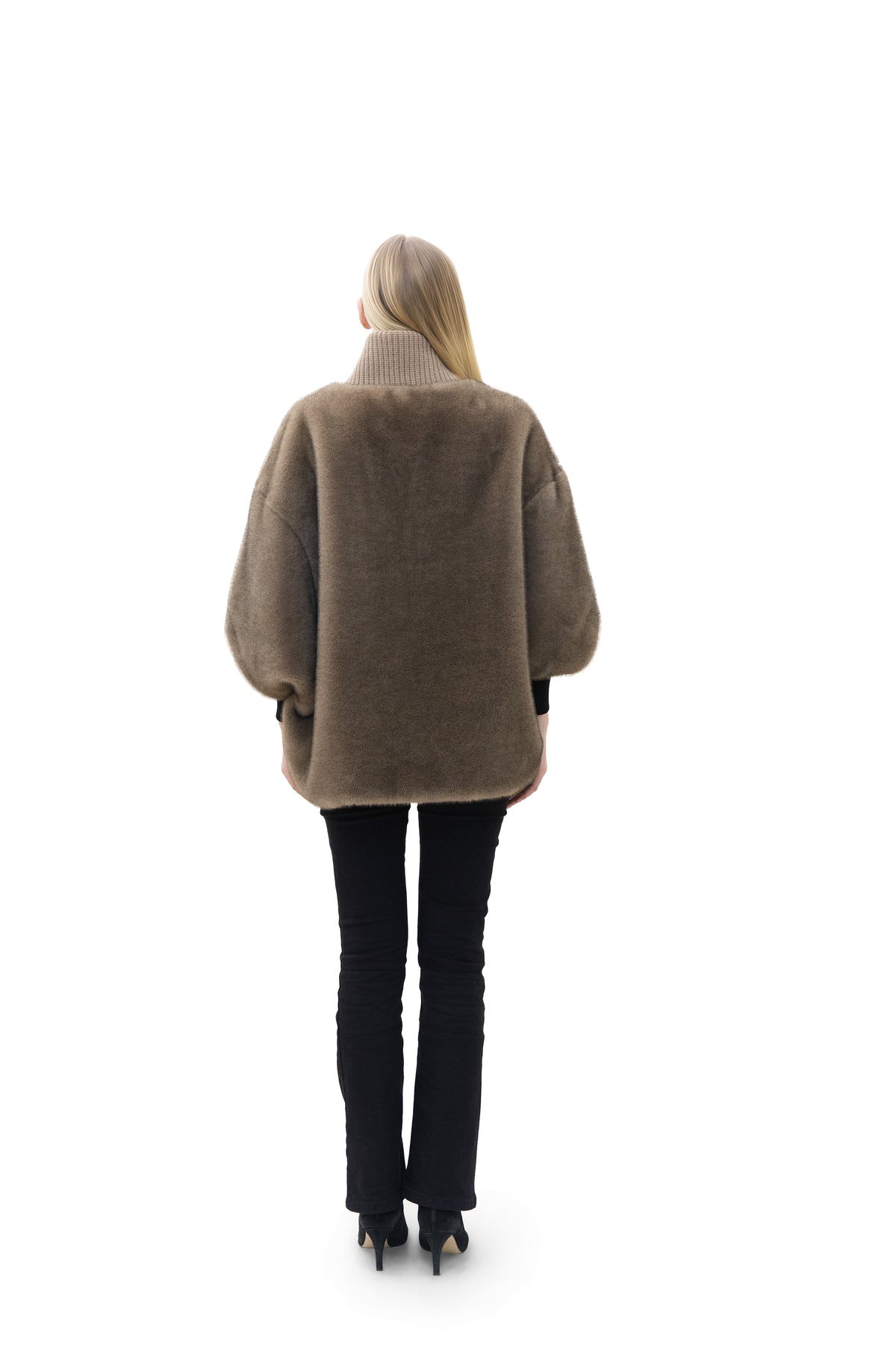 Sunnydale - Reversible Faux Mink Cape Jacket with Ribbed Collar