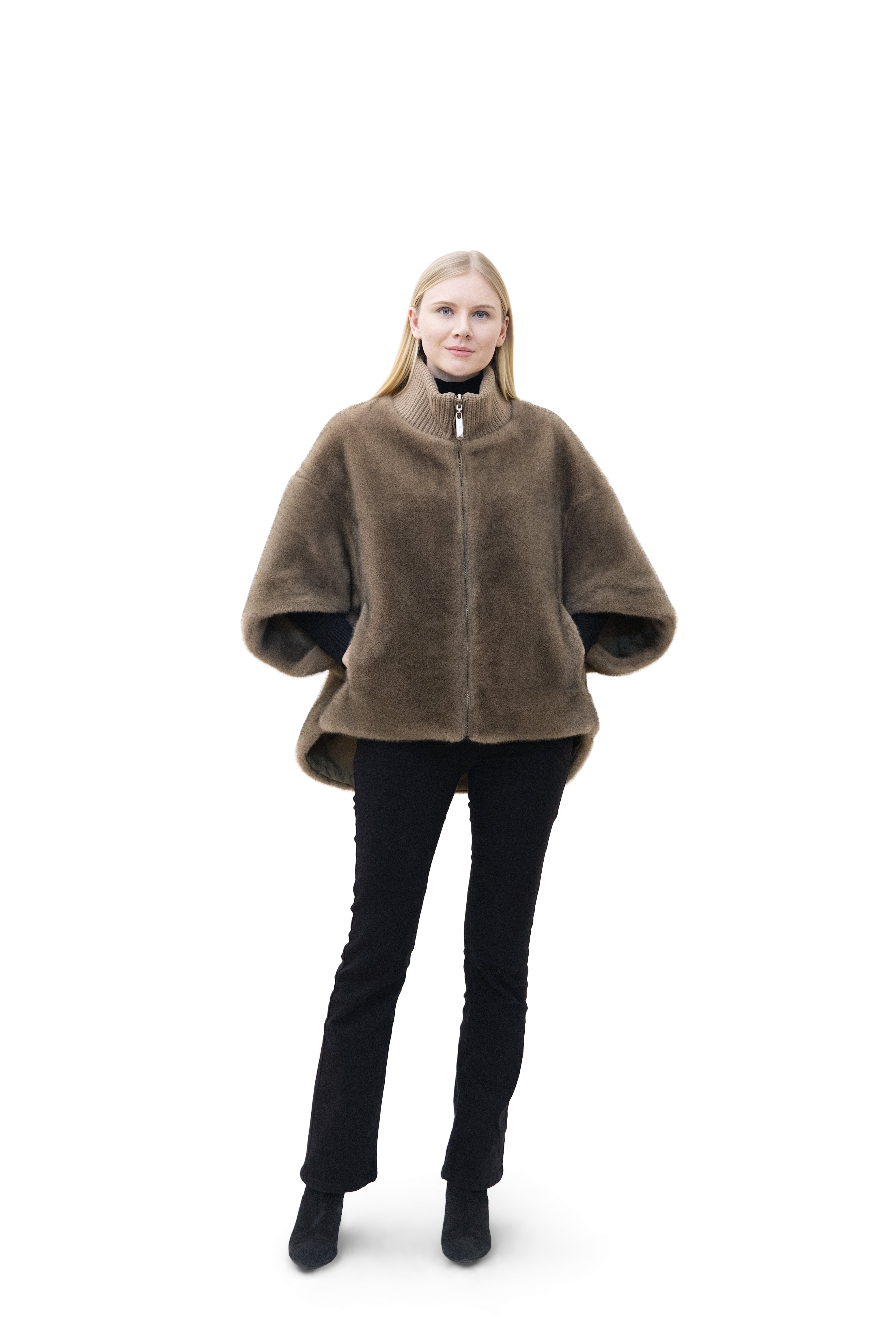 Sunnydale - Reversible Faux Mink Cape Jacket with Ribbed Collar