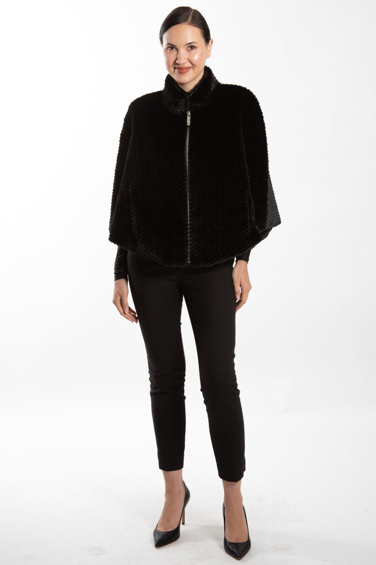 Bayonne- Knitted Faux Mink Zip-Front Poncho