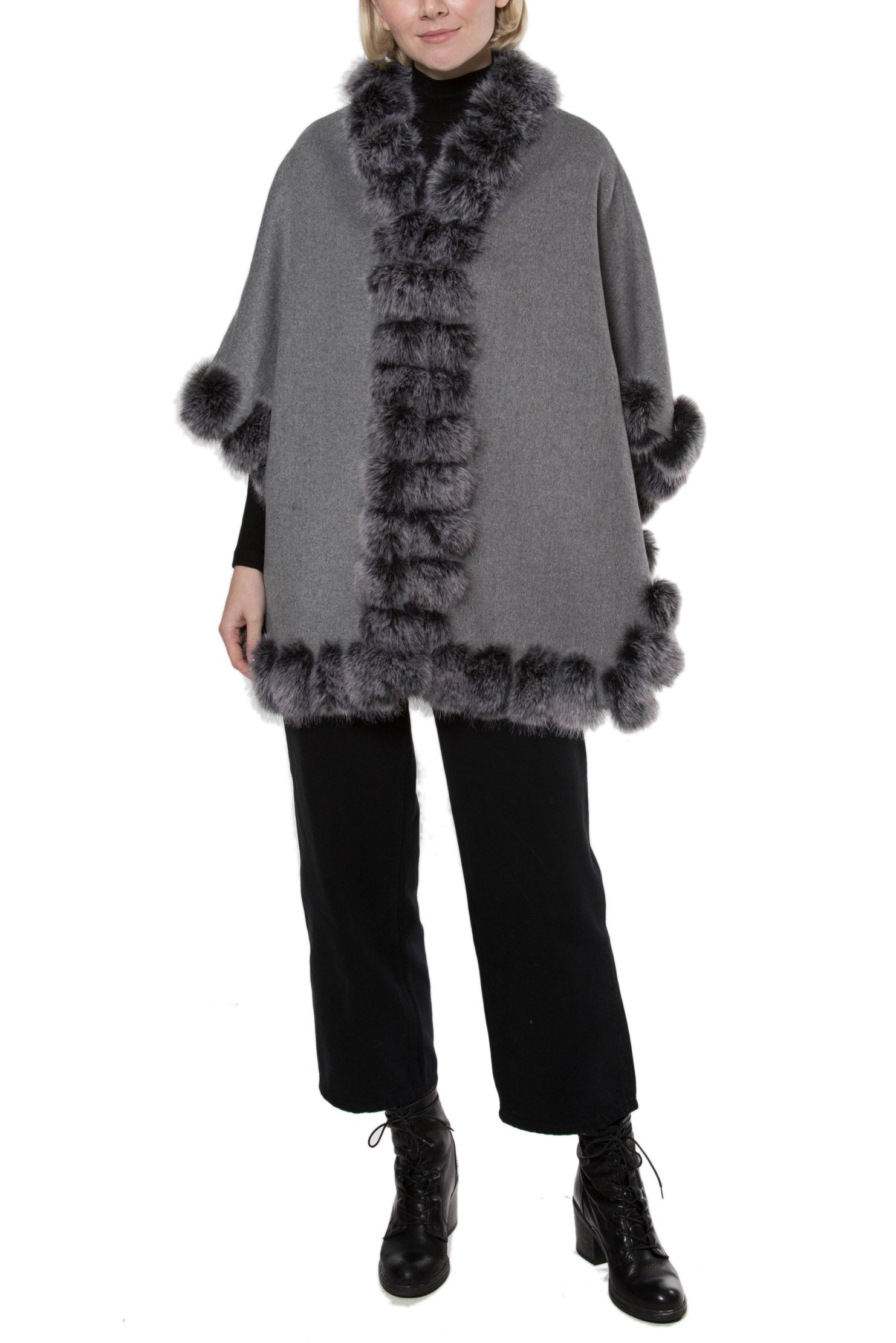 Harve - Faux Fur Trim Reversible Wool & Cashmere Ruana