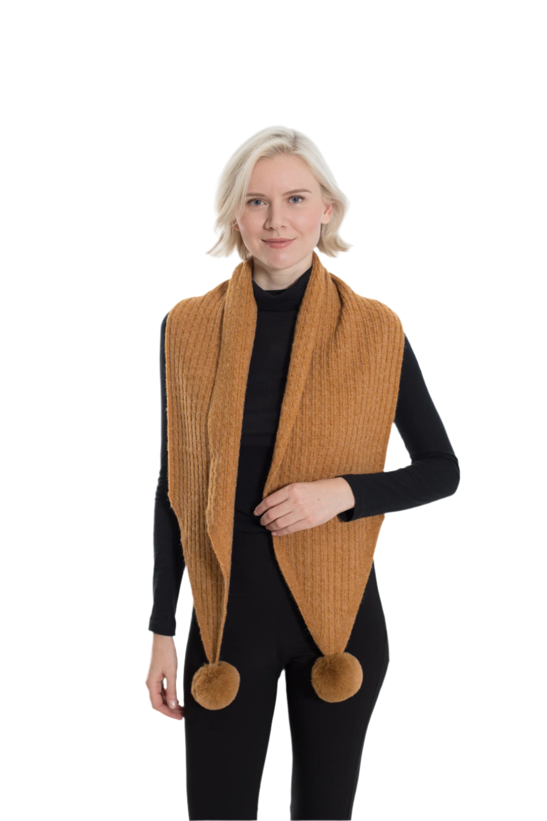 Wool Blend Scarf with Pom Poms