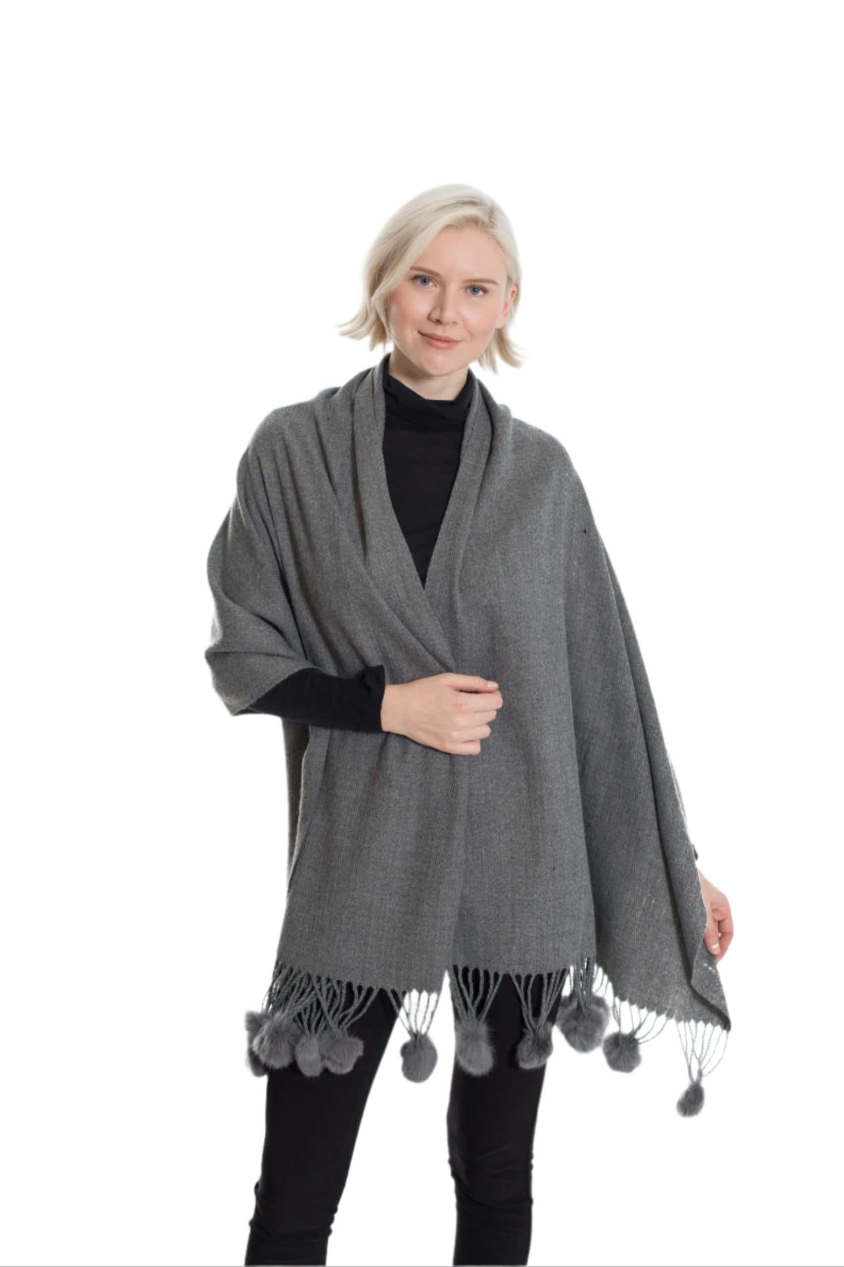 Two Tone Wool Blend Scarf with Pom Poms