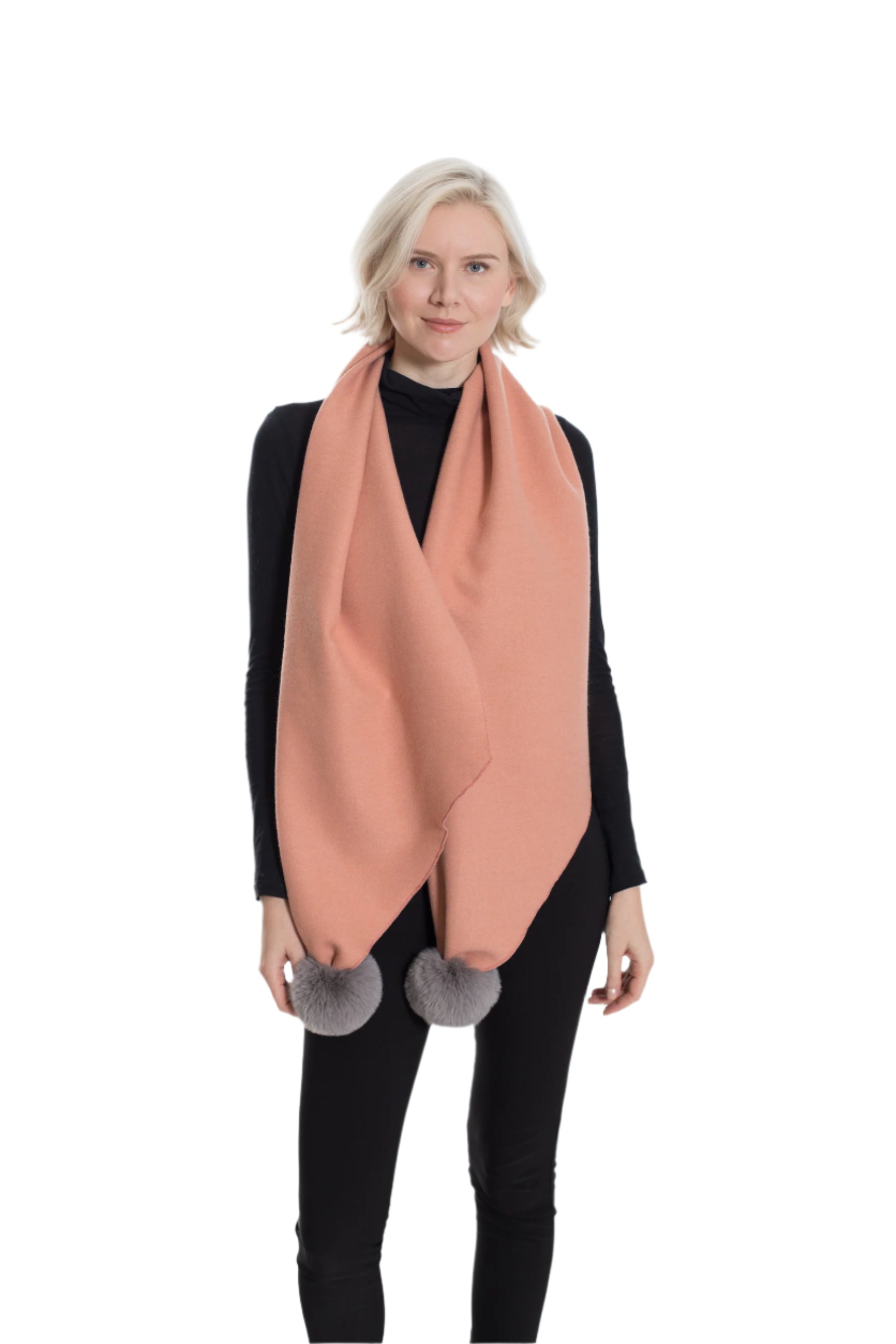 Two Tone Wool Blend Scarf with Pom Poms
