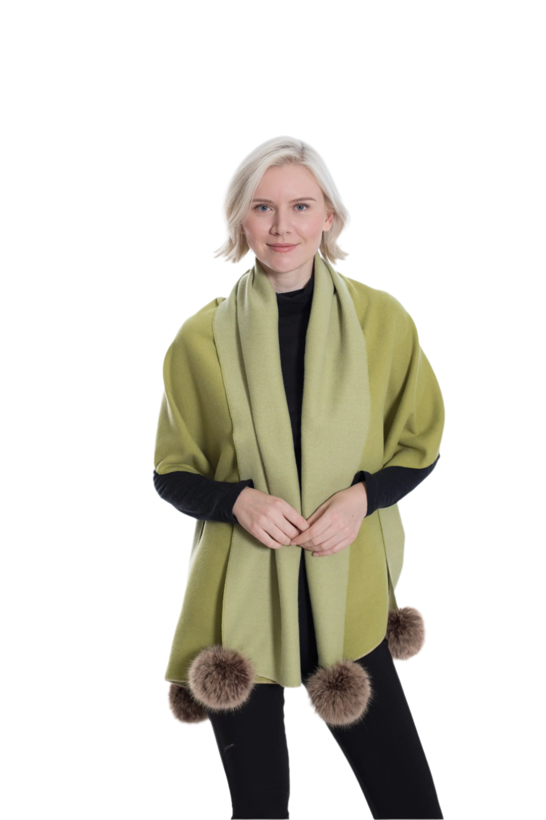 Wool Blend Scarf with Pom Poms