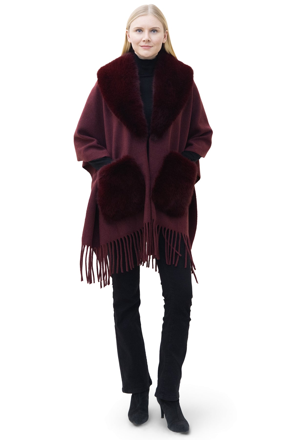 Biarritz- Ultra-Fine Wool Cape with Faux Fur Collar & Pockets