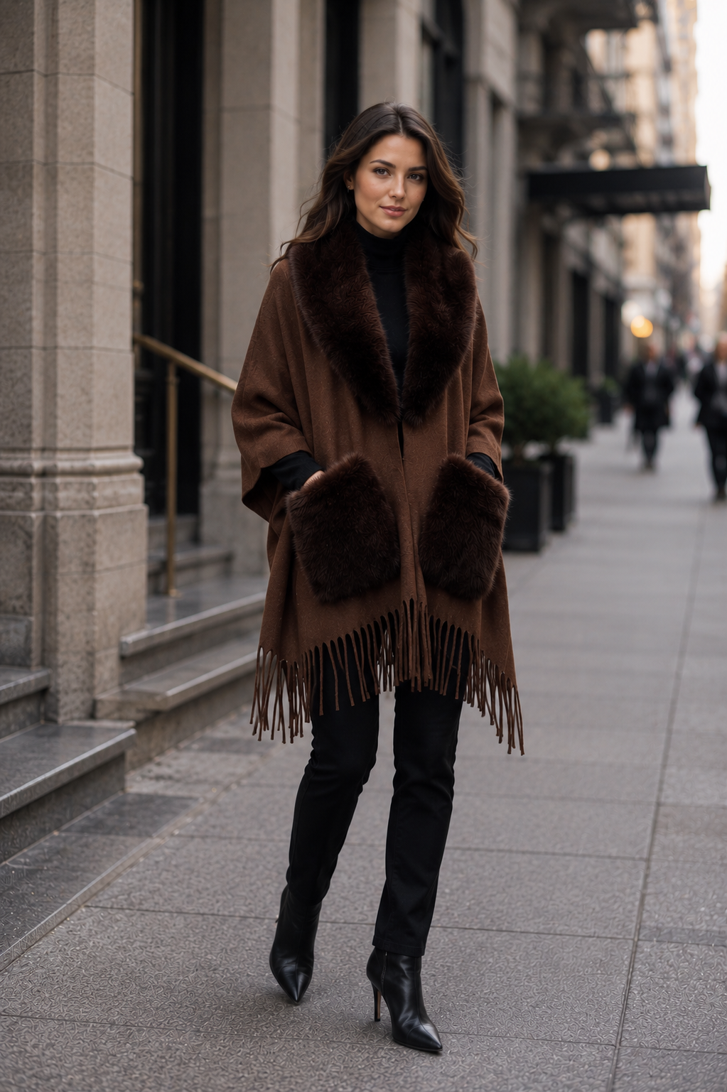 Biarritz- Ultra-Fine Wool Cape with Faux Fur Collar & Pockets