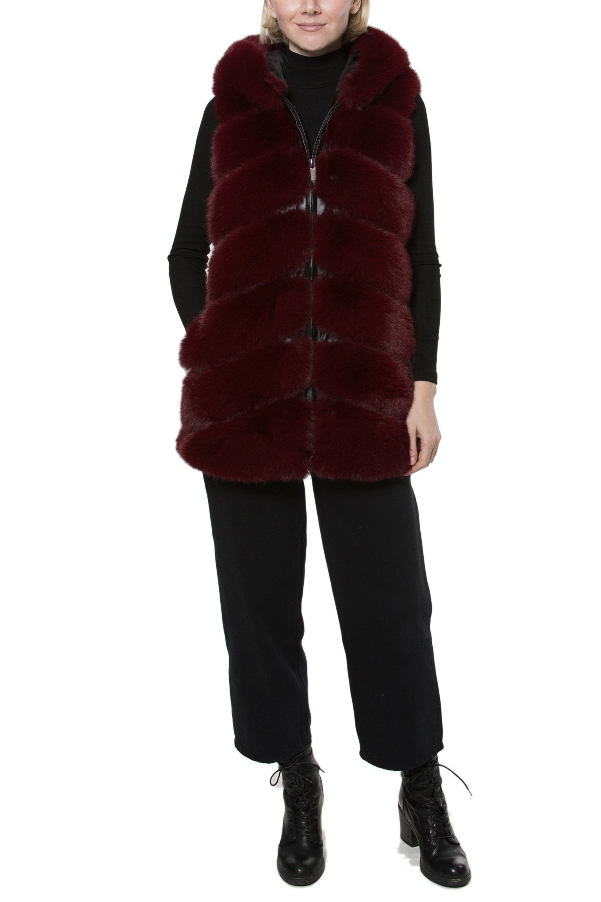 NANTES- Chevron Faux Fur Longline Hooded Vest