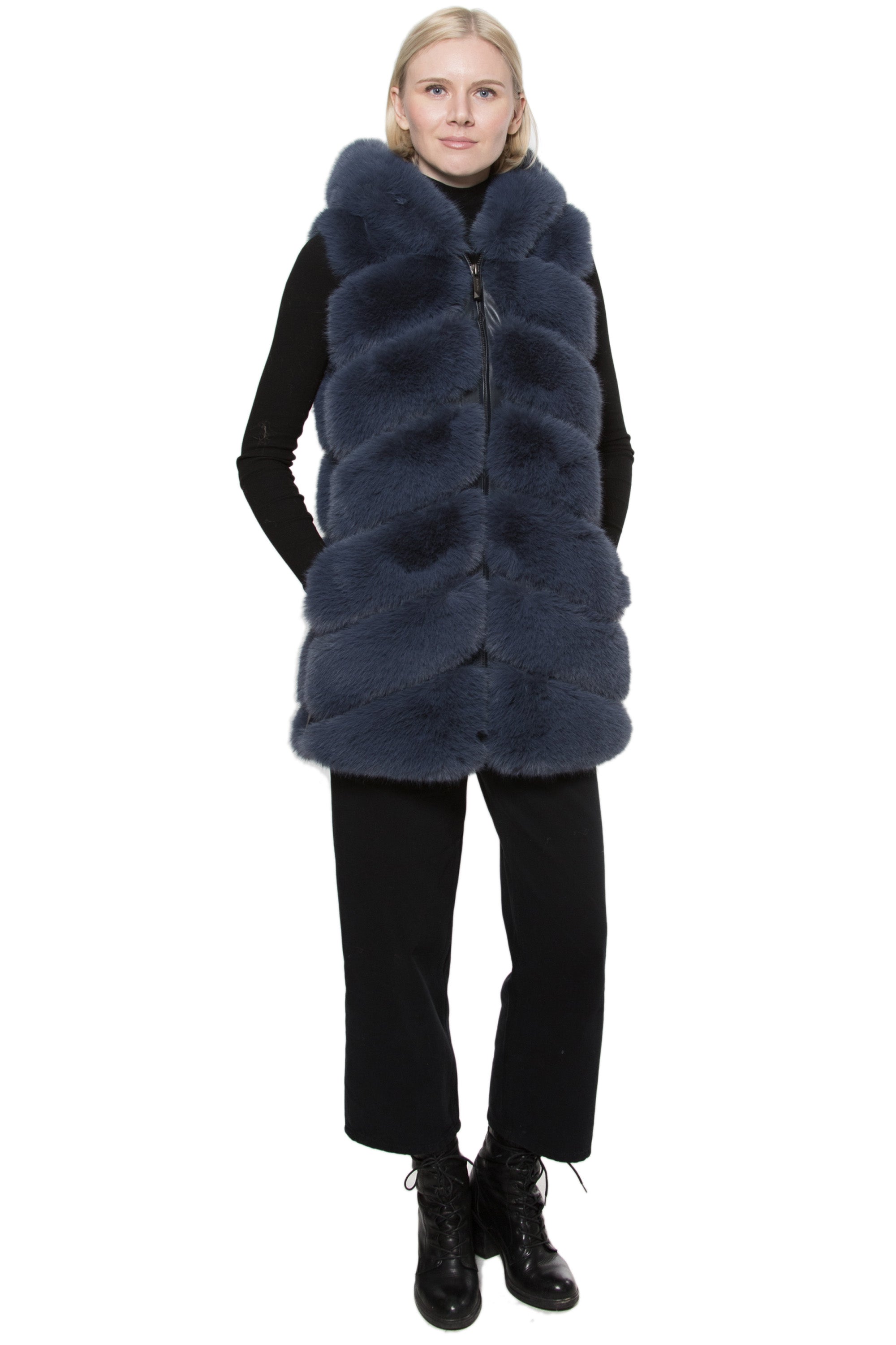 NANTES- Chevron Faux Fur Longline Hooded Vest