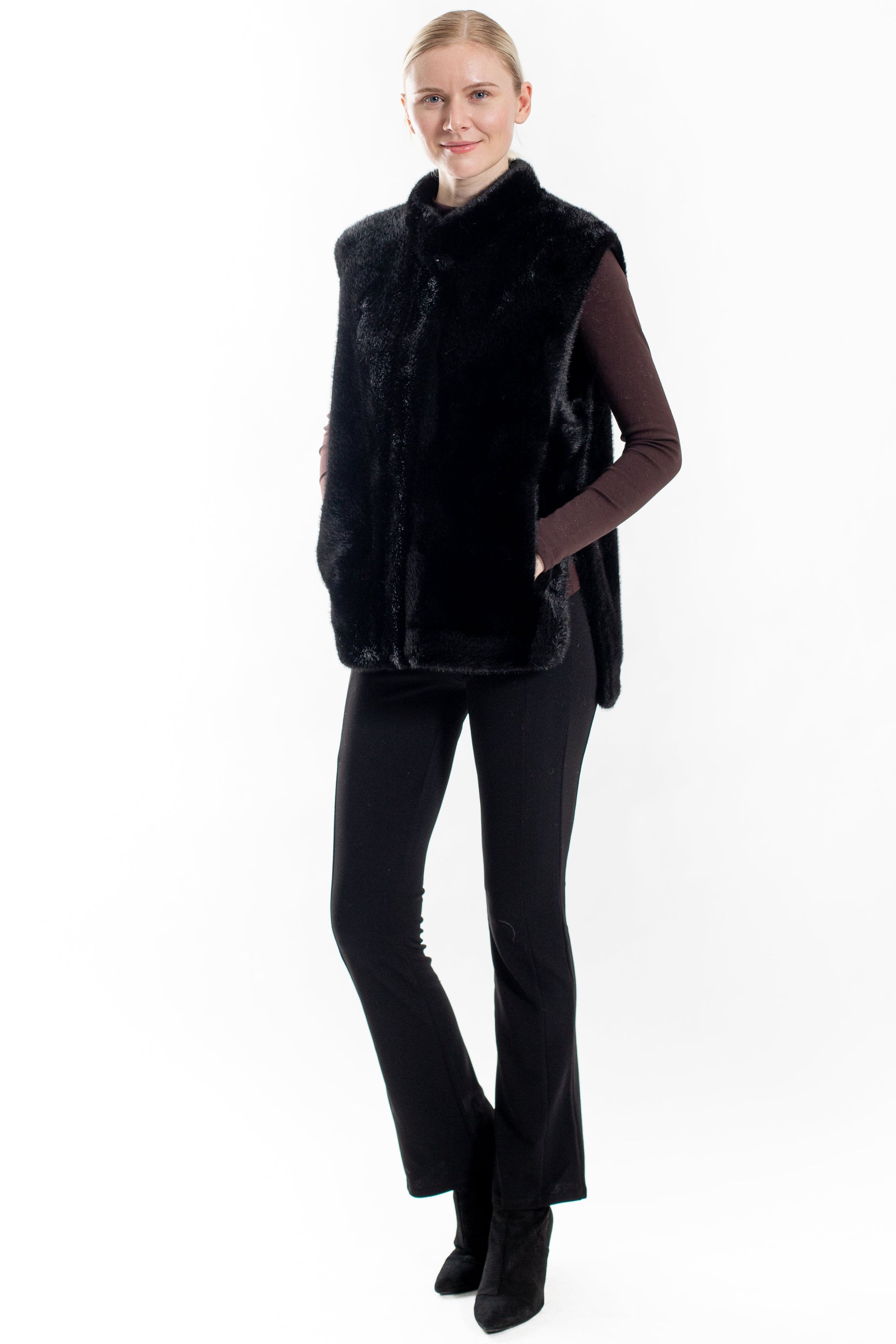 Saskia-  Faux mink vest with side slits and snap closure