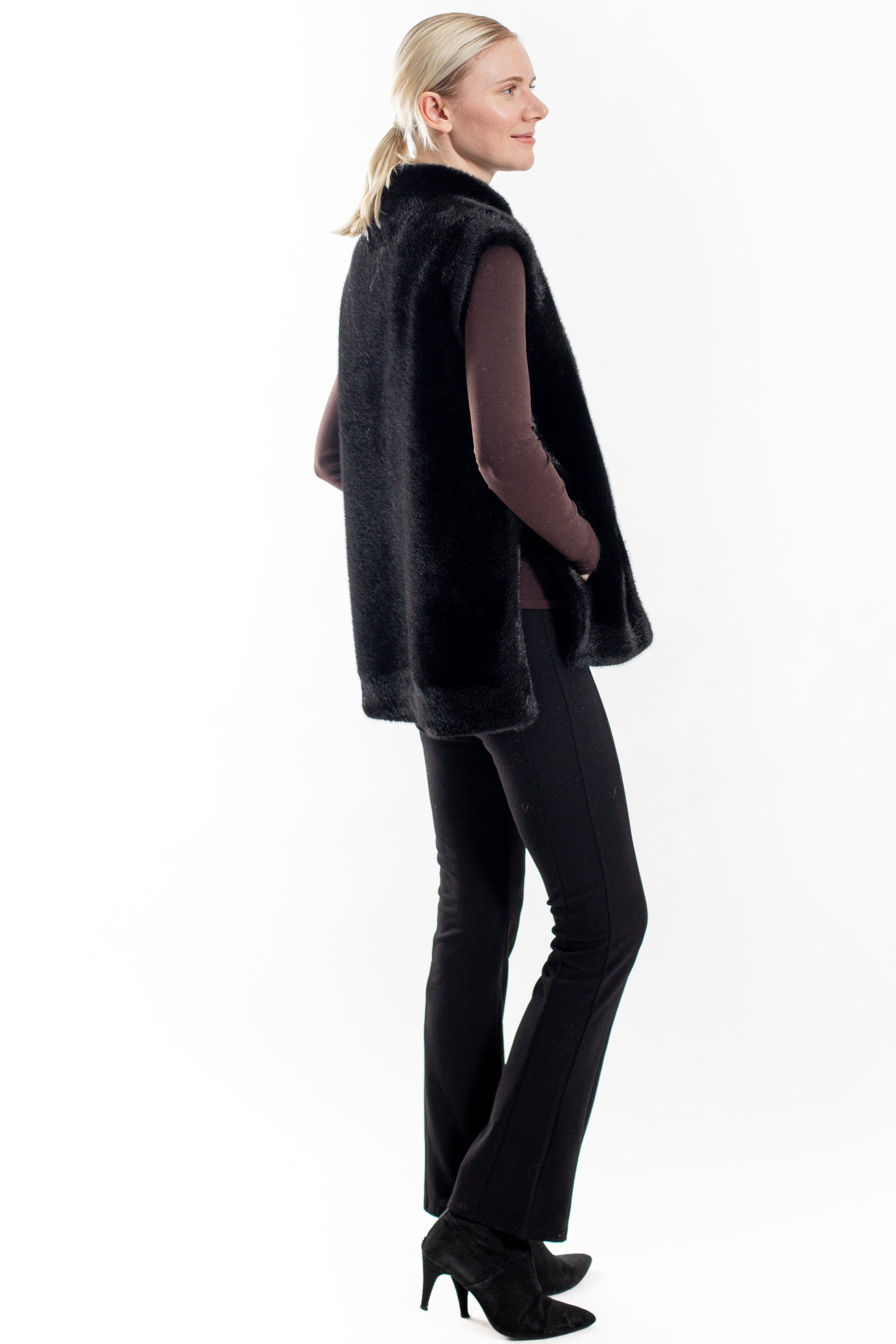 Saskia-  Faux mink vest with side slits and snap closure