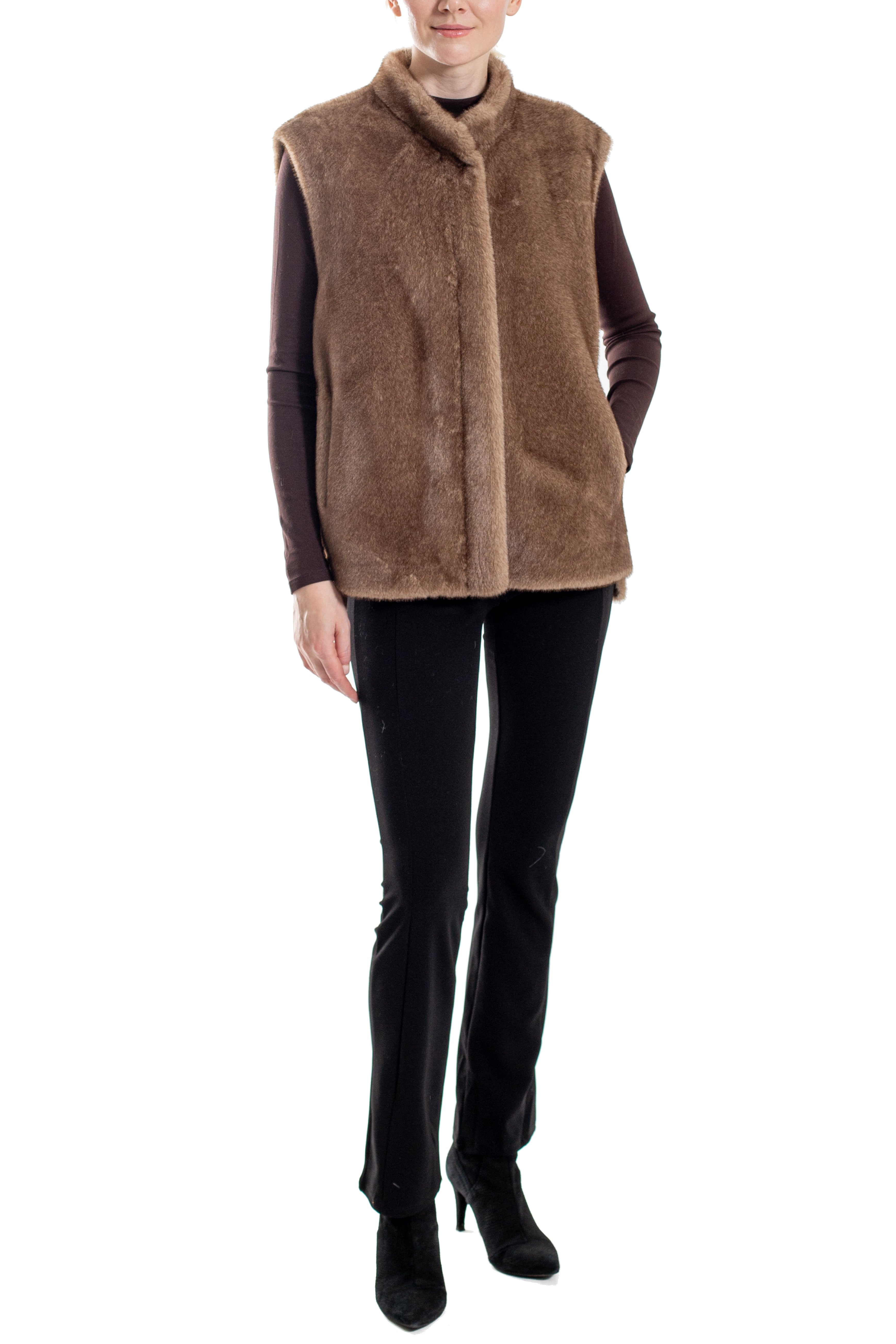 Saskia-  Faux mink vest with side slits and snap closure