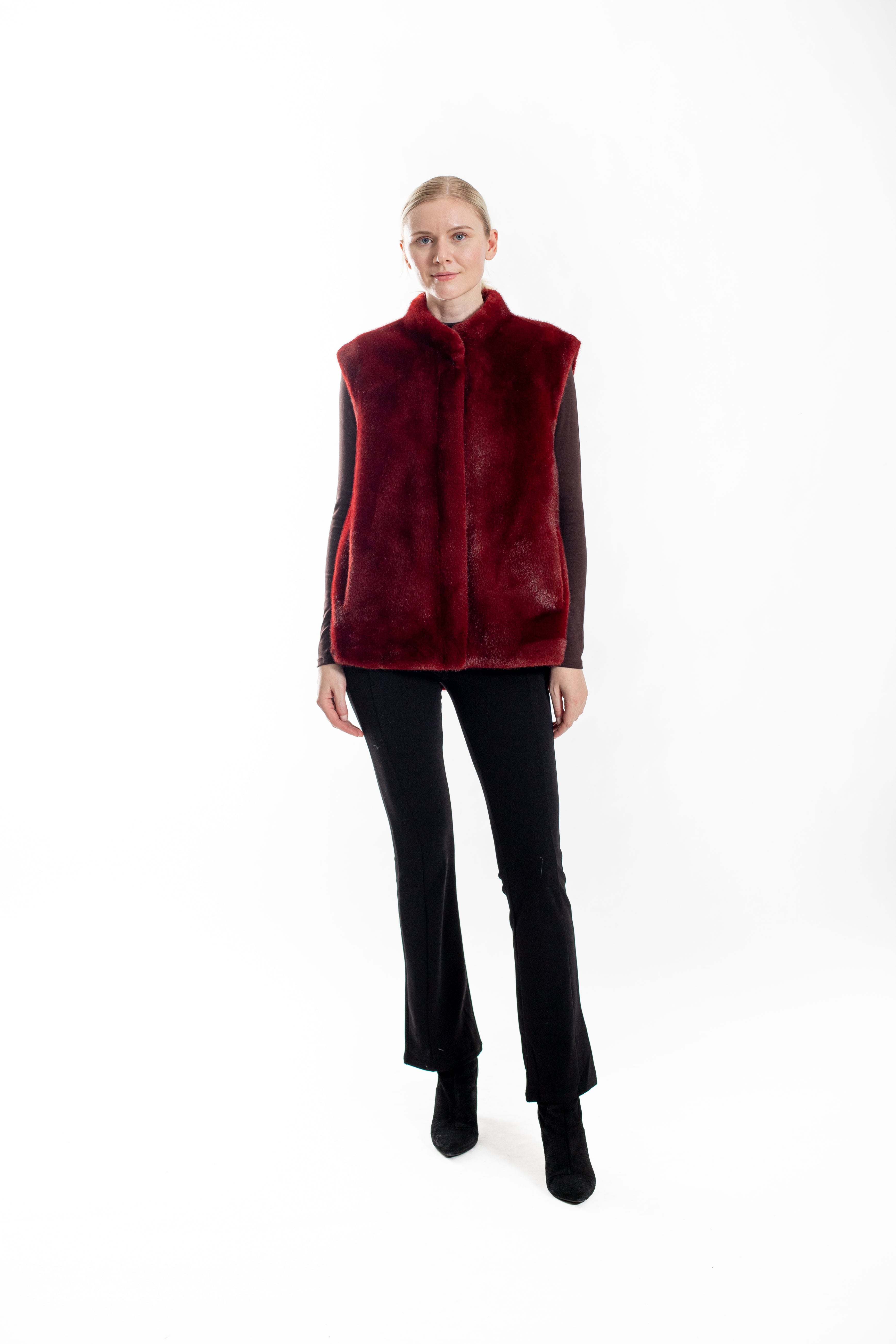 Saskia-  Faux mink vest with side slits and snap closure