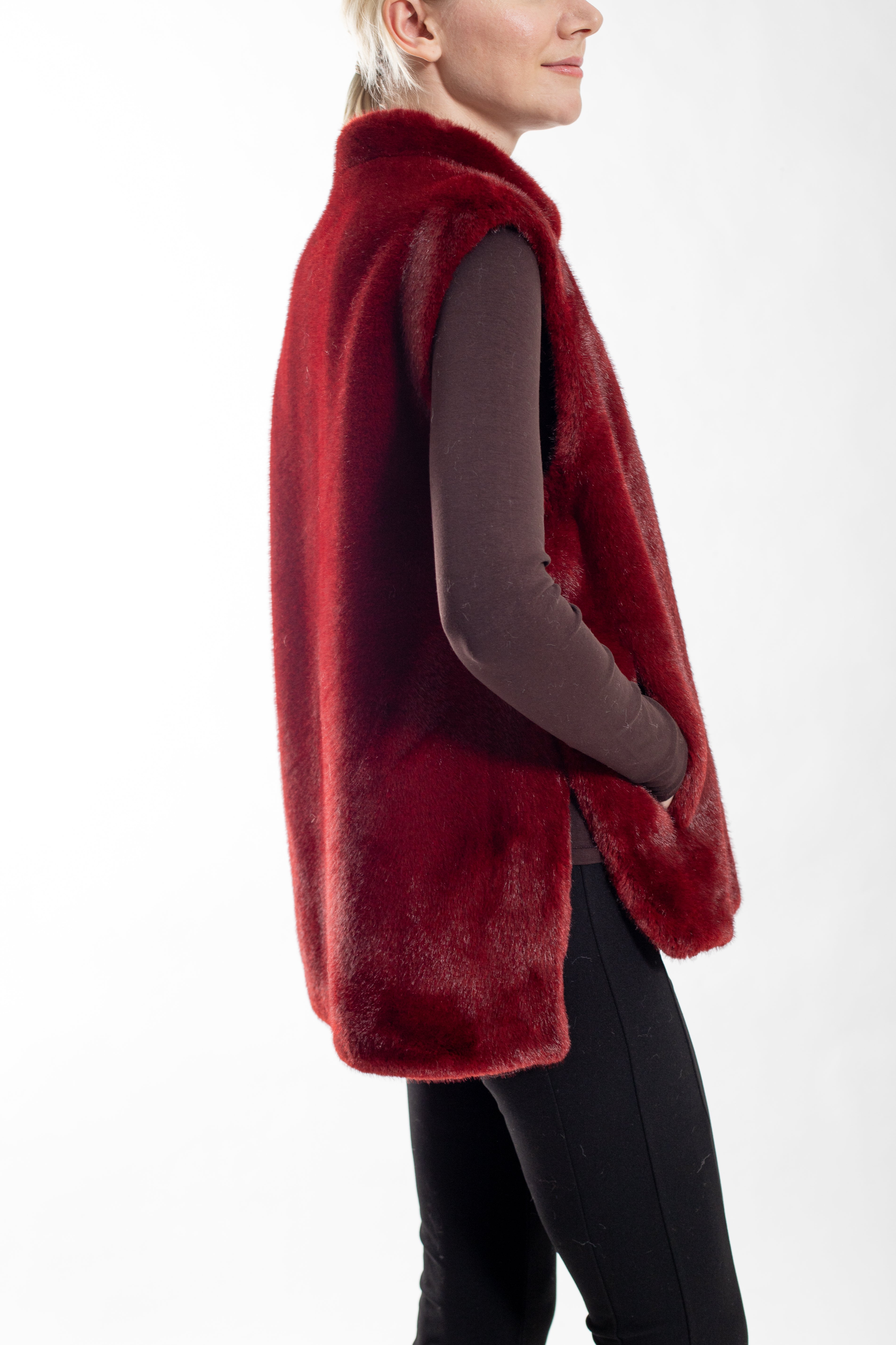 Saskia-  Faux mink vest with side slits and snap closure