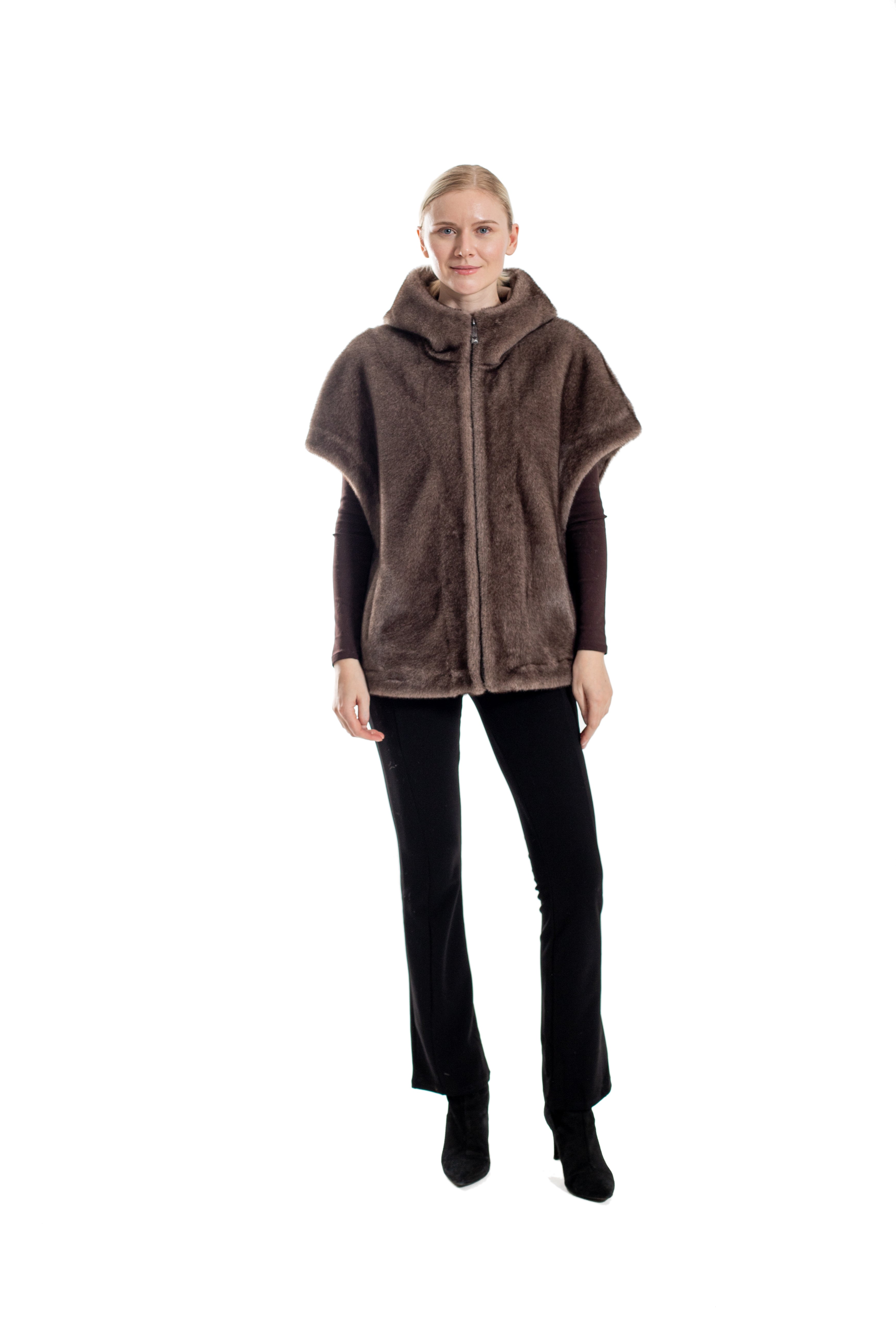 Franklin - Faux Mink Hooded Faux Fur Cape Vest