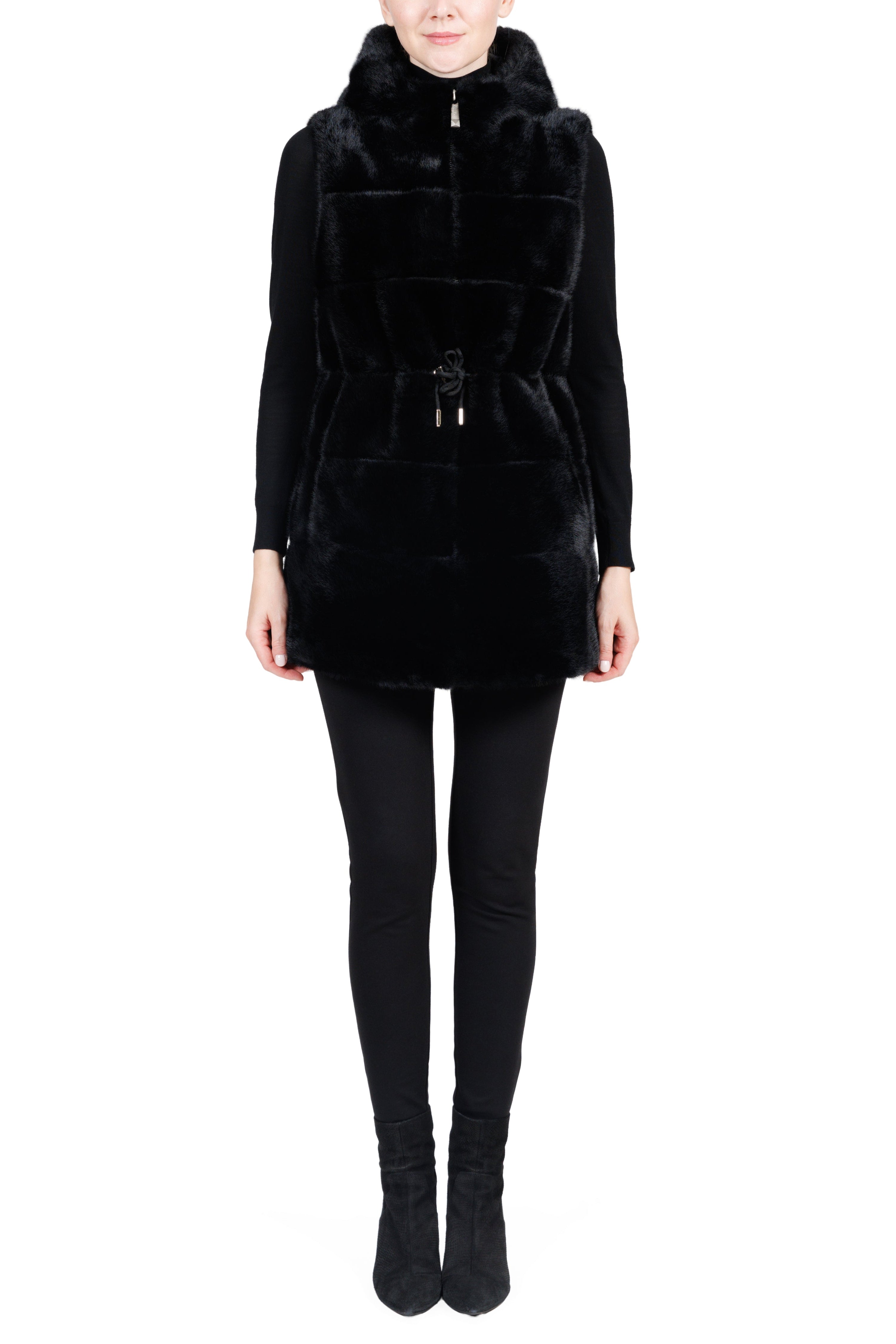 Salem - Faux Mink Hooded Drawstring Faux Fur Vest