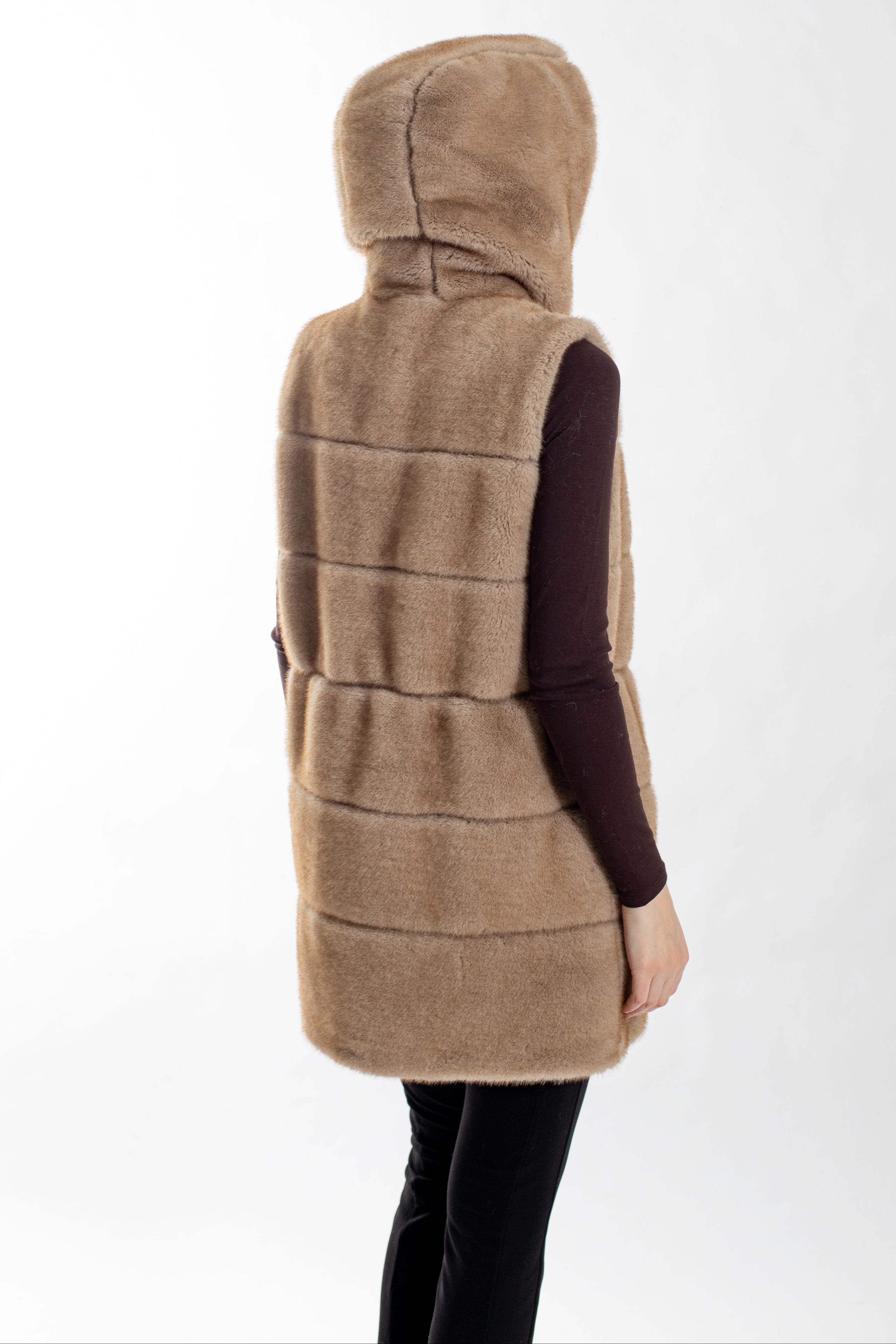 Salem - Faux Mink Hooded Drawstring Faux Fur Vest