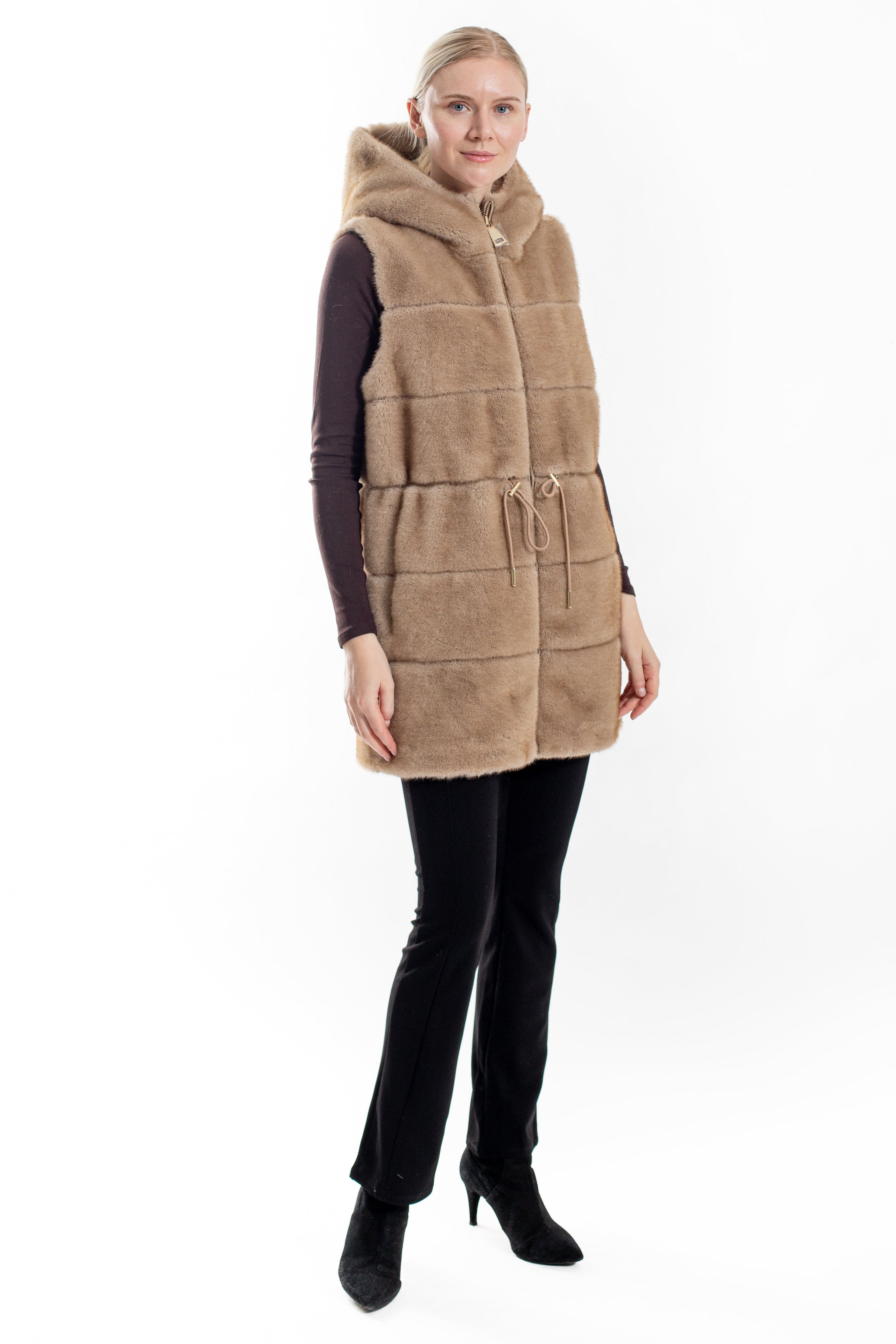 Salem - Faux Mink Hooded Drawstring Faux Fur Vest