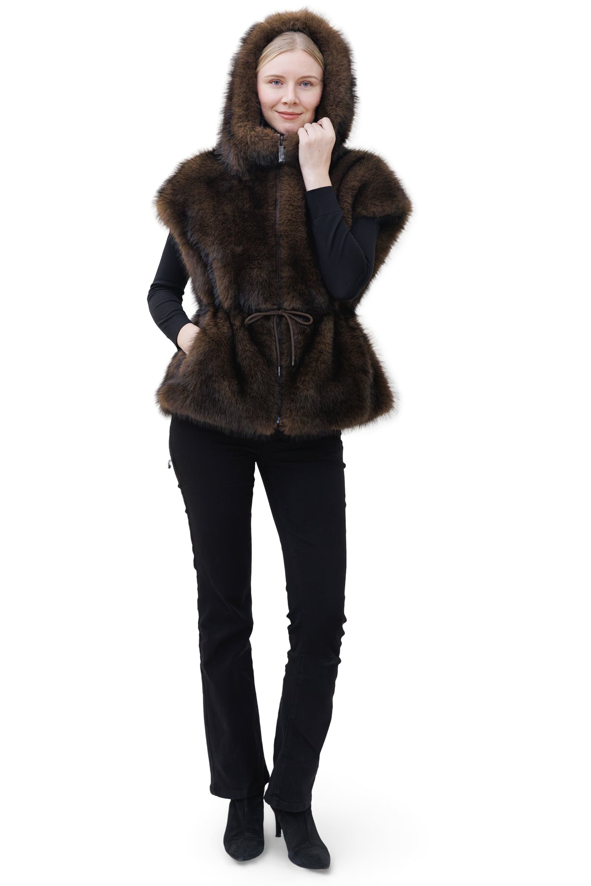 Hydra- Faux Fox Hooded Drawstring Vest