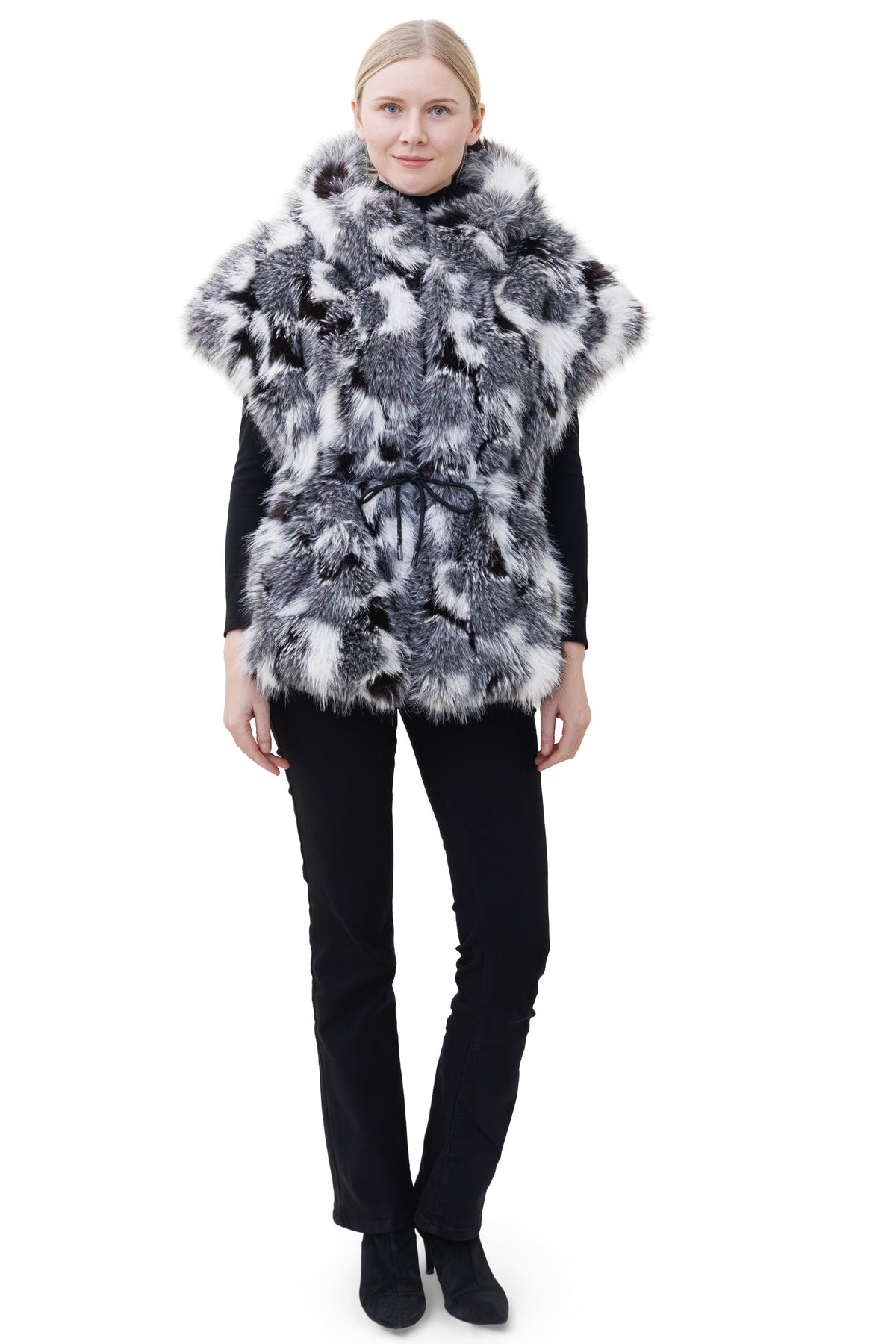 Killarney- Reversible Nylon & Faux Fox Hooded Drawstring Vest