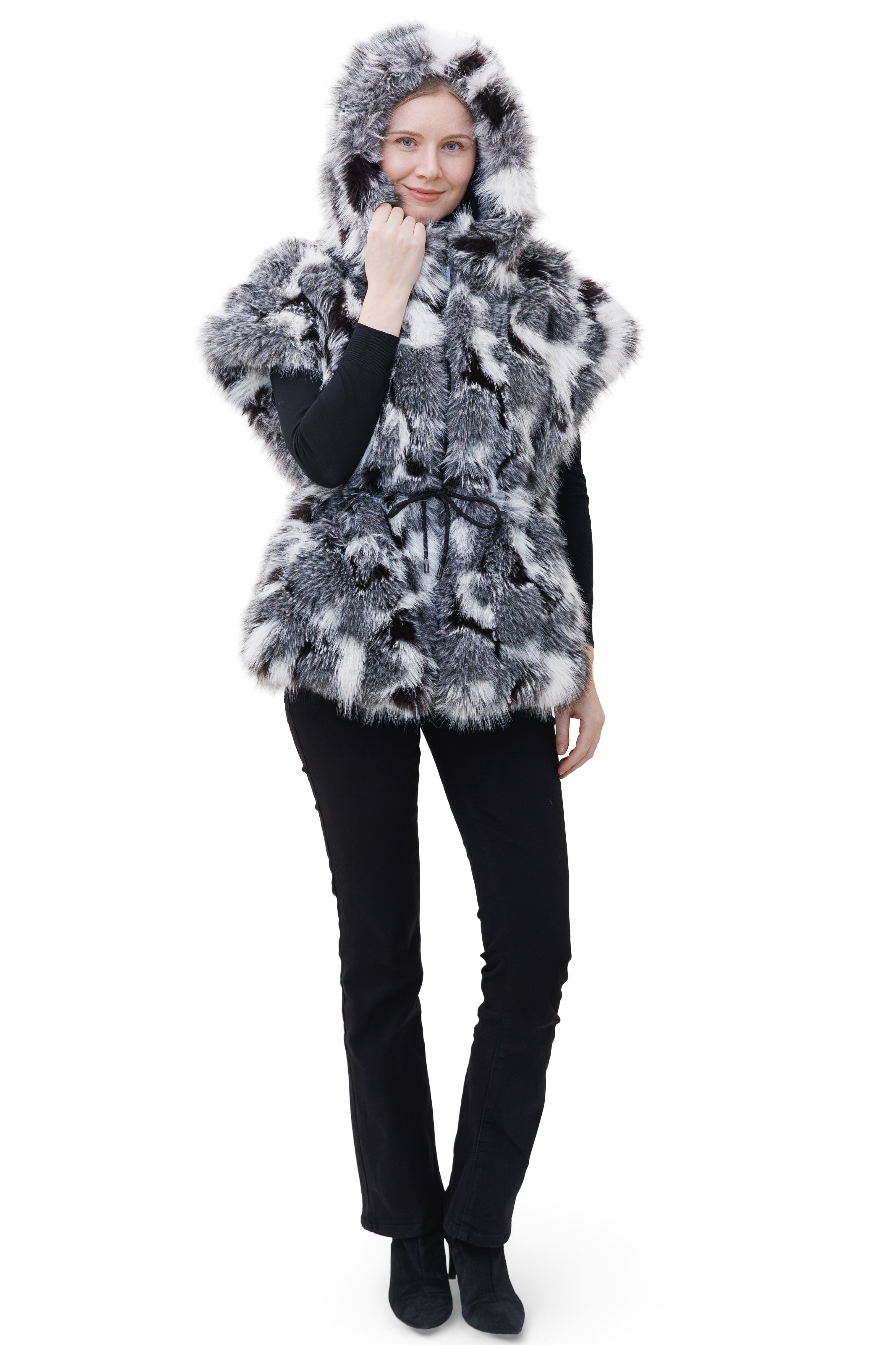 Killarney- Reversible Nylon & Faux Fox Hooded Drawstring Vest
