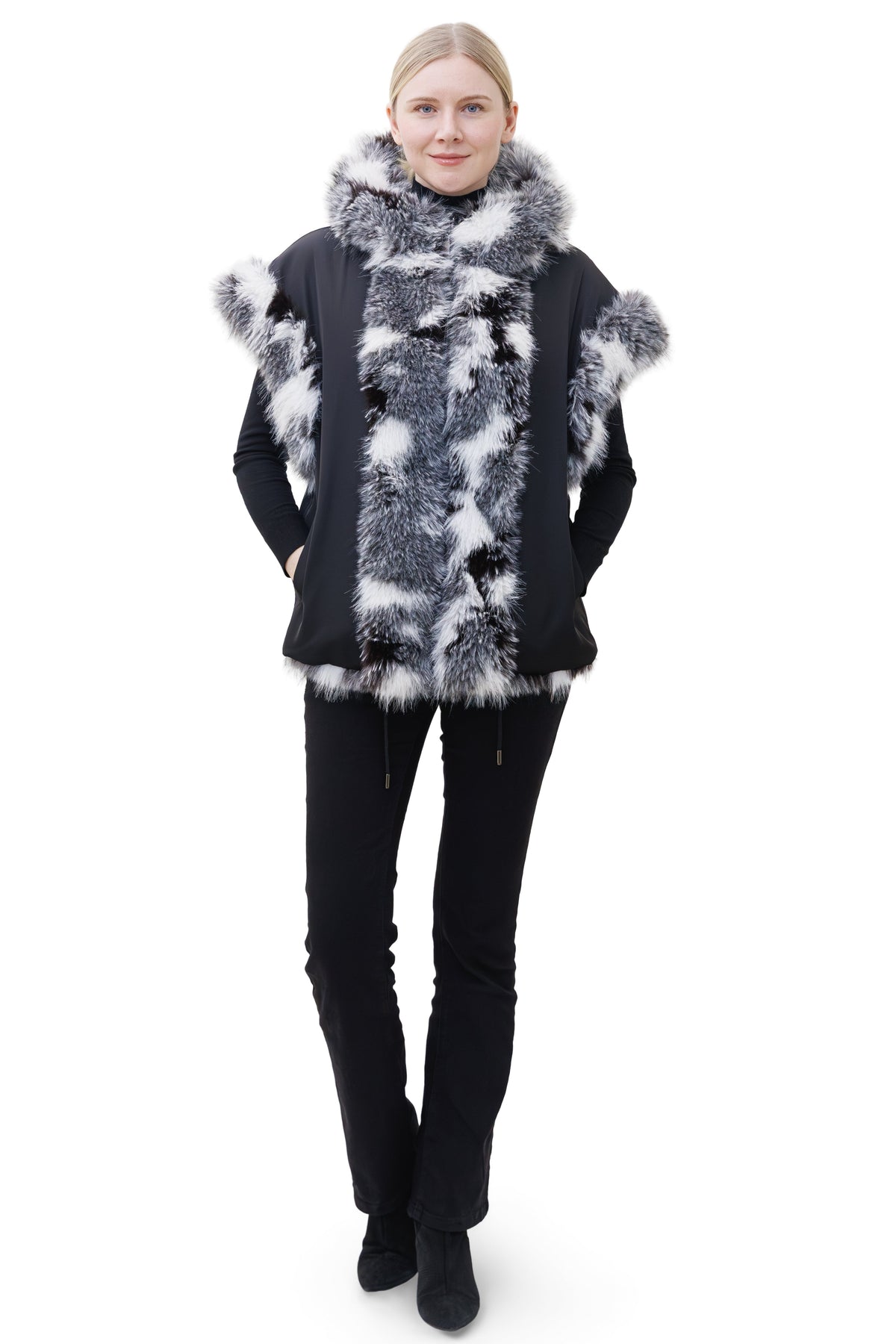 Killarney- Reversible Nylon & Faux Fox Hooded Drawstring Vest
