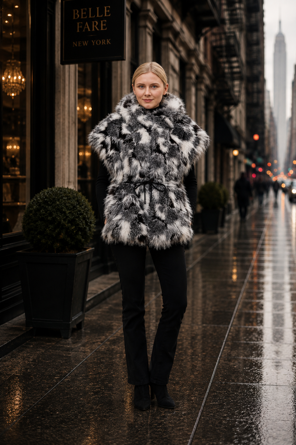 Killarney- Reversible Nylon & Faux Fox Hooded Drawstring Vest