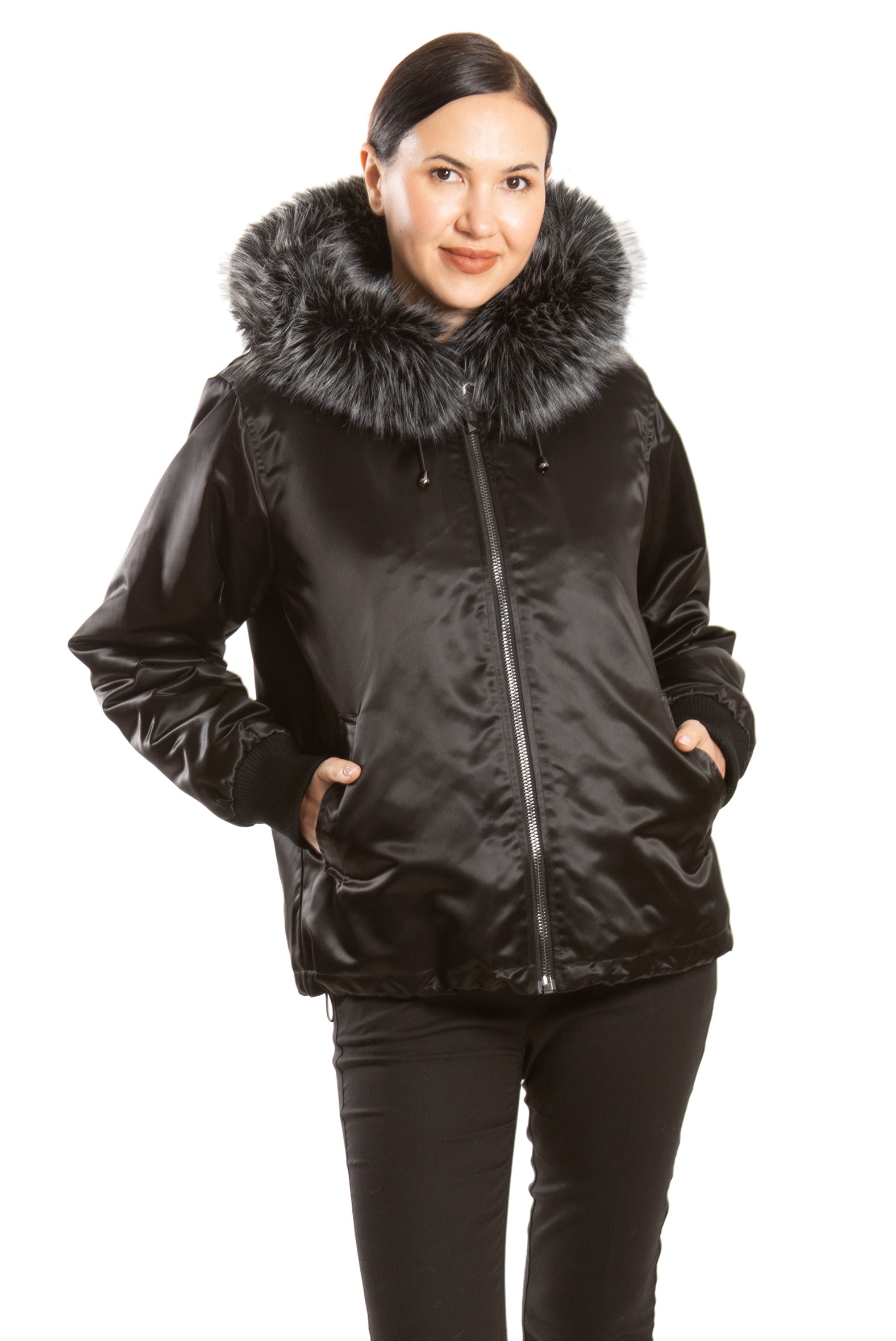 BIBURY - Satin Hooded Jacket with Faux Fur