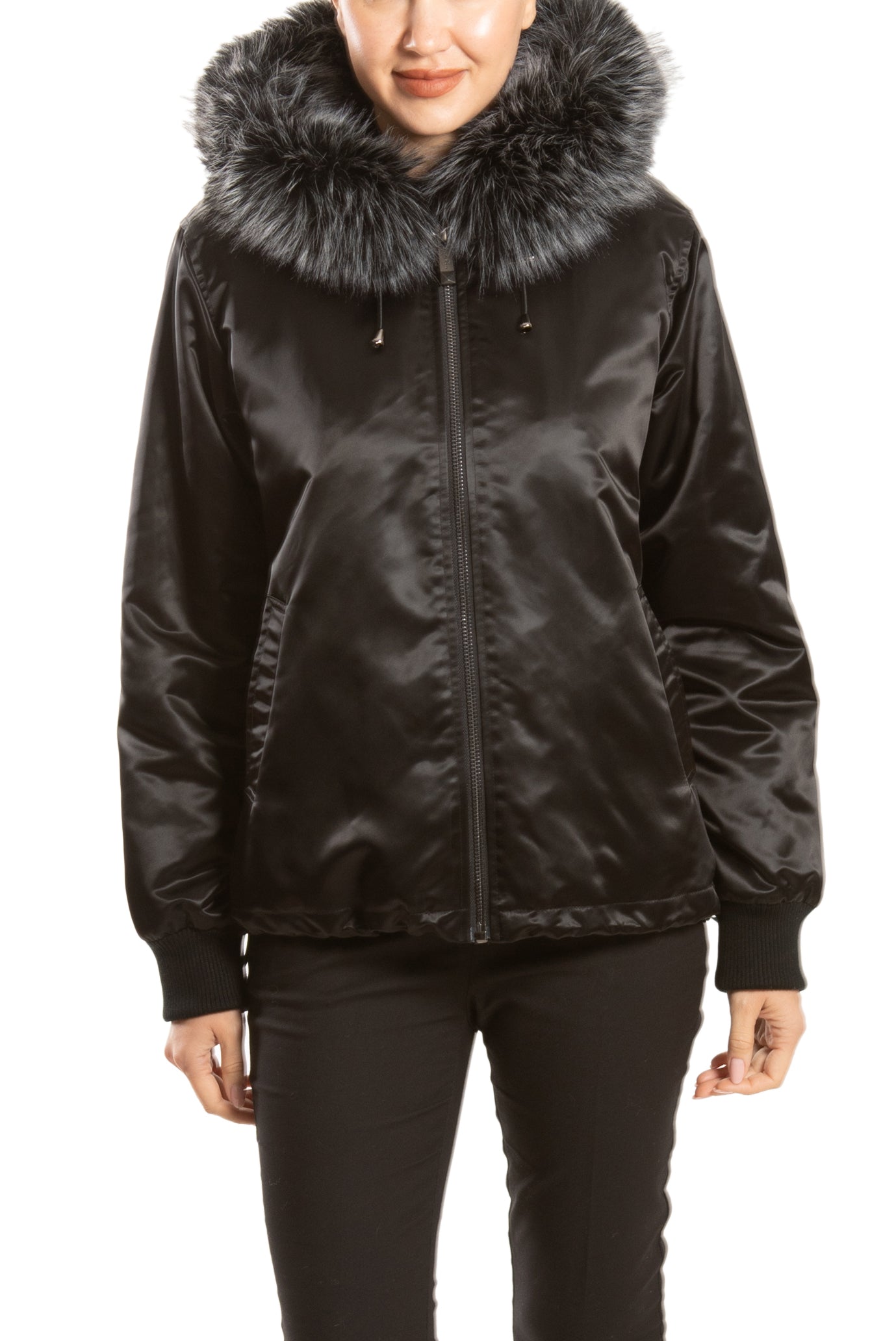 BIBURY - Satin Hooded Jacket with Faux Fur