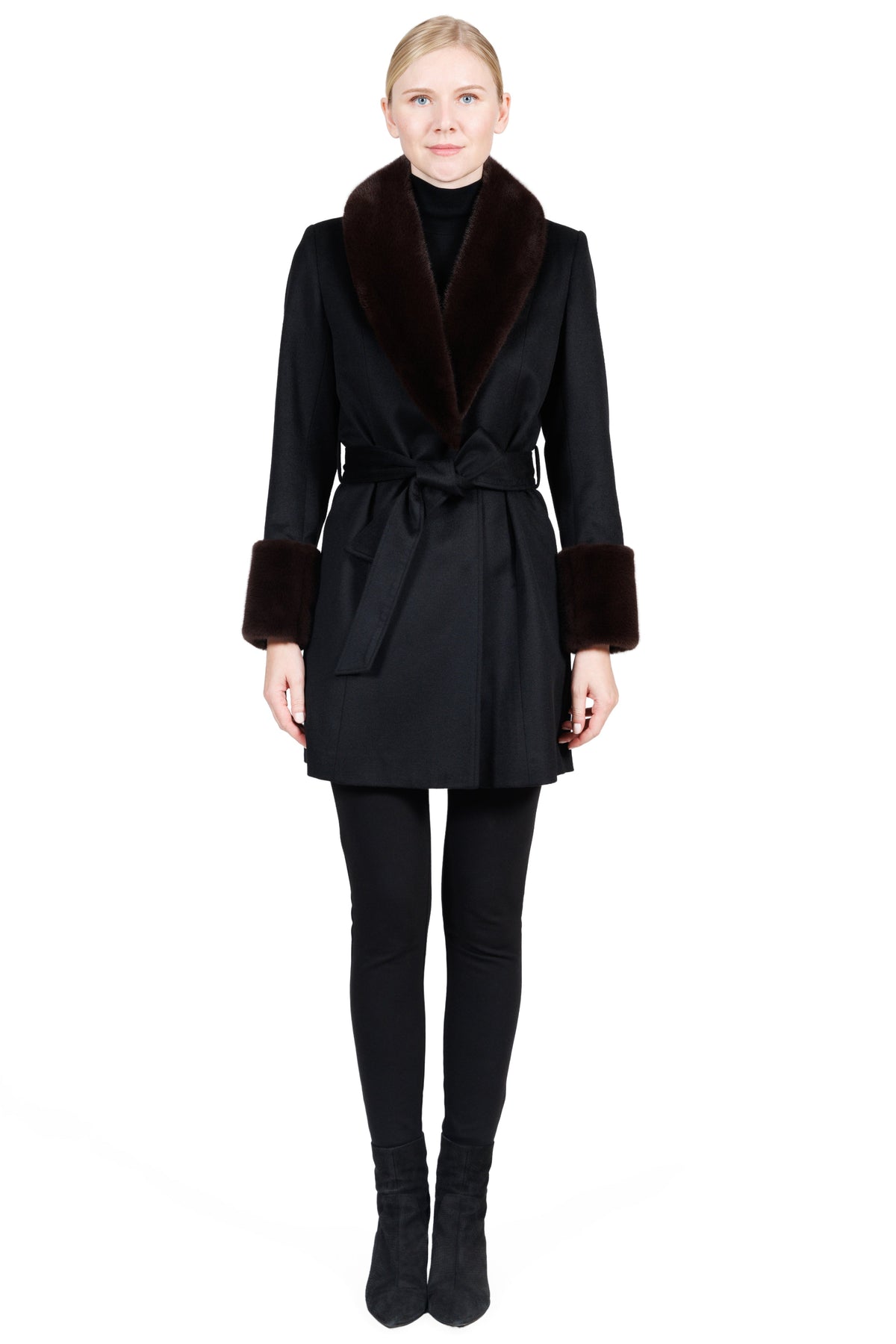 Inara- Cashmere Belted Stroller Coat with Faux Mink Trim