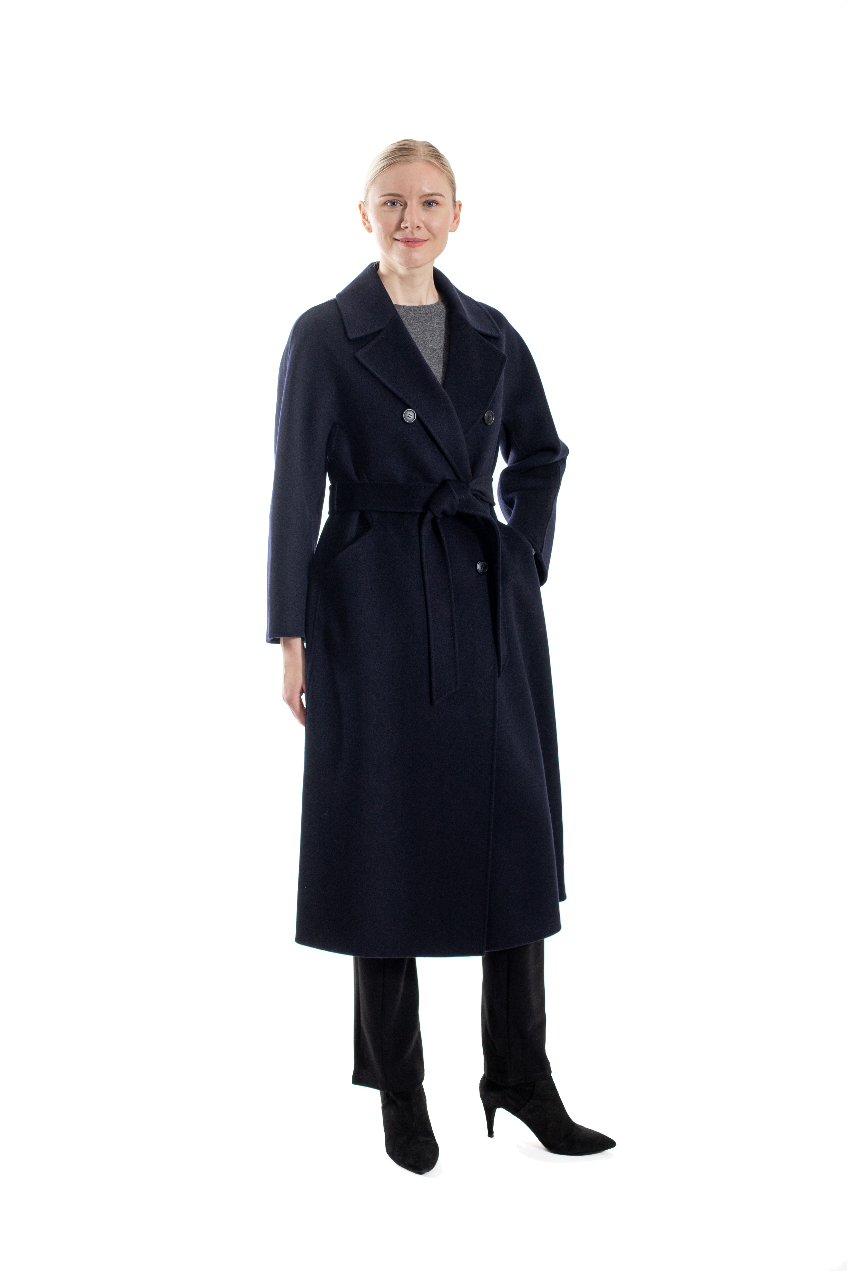 Narvik - 100% double-faced cashmere double-breasted long coat with optional belt and back slit