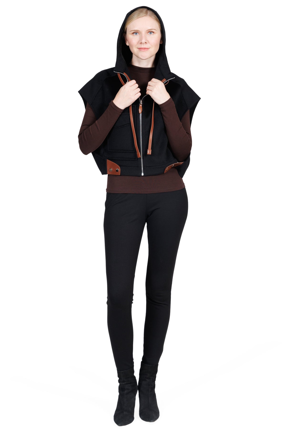 Courchevel- Wool & Cashmere Hooded Cropped Vest with Leather Trim