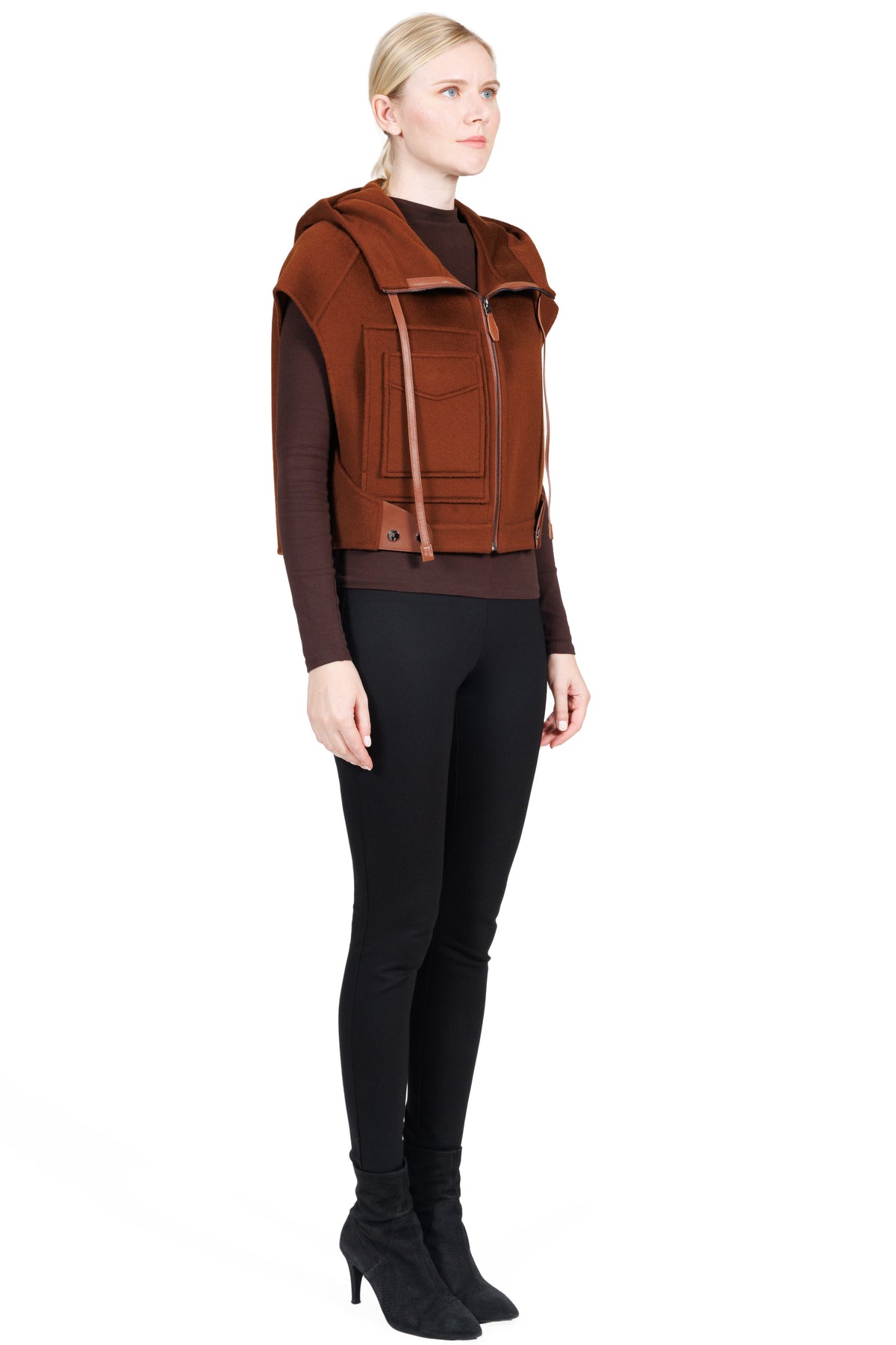 Courchevel- Wool & Cashmere Hooded Cropped Vest with Leather Trim