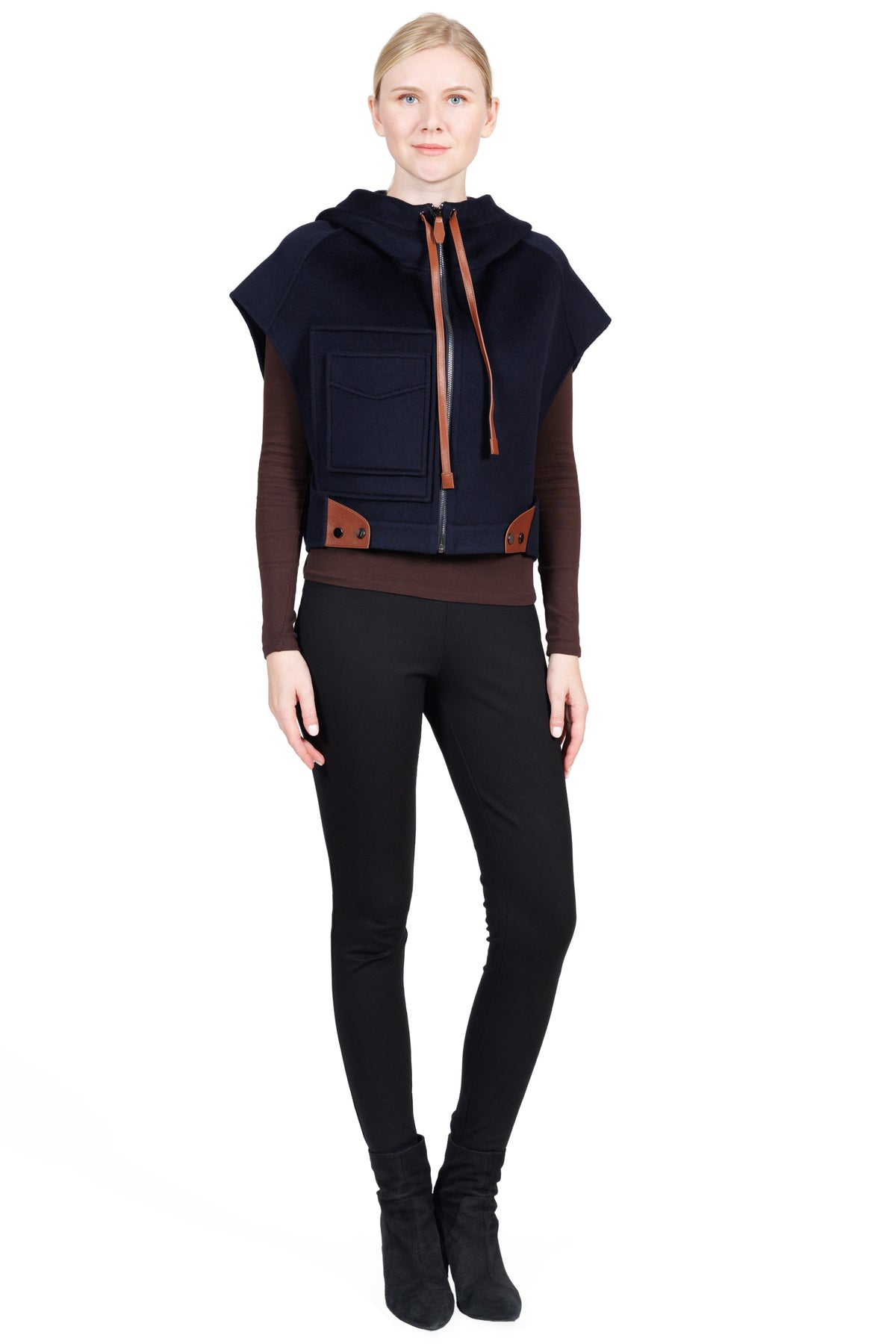 Courchevel- Wool & Cashmere Hooded Cropped Vest with Leather Trim