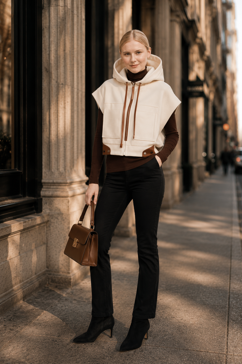 Courchevel- Wool & Cashmere Hooded Cropped Vest with Leather Trim