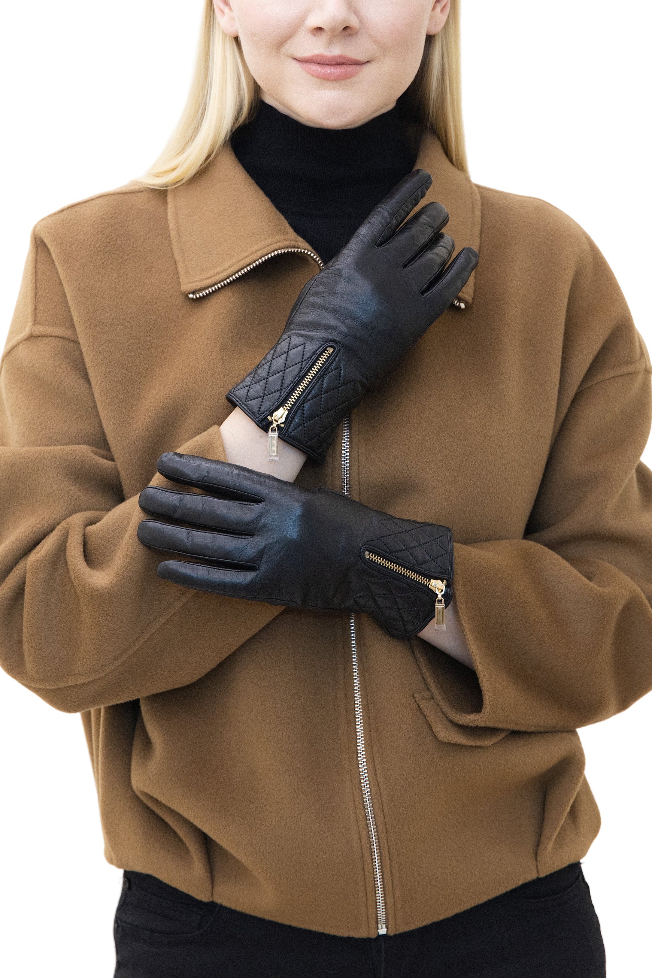 VAREL - Short Leather Gloves with Zipper Detailing