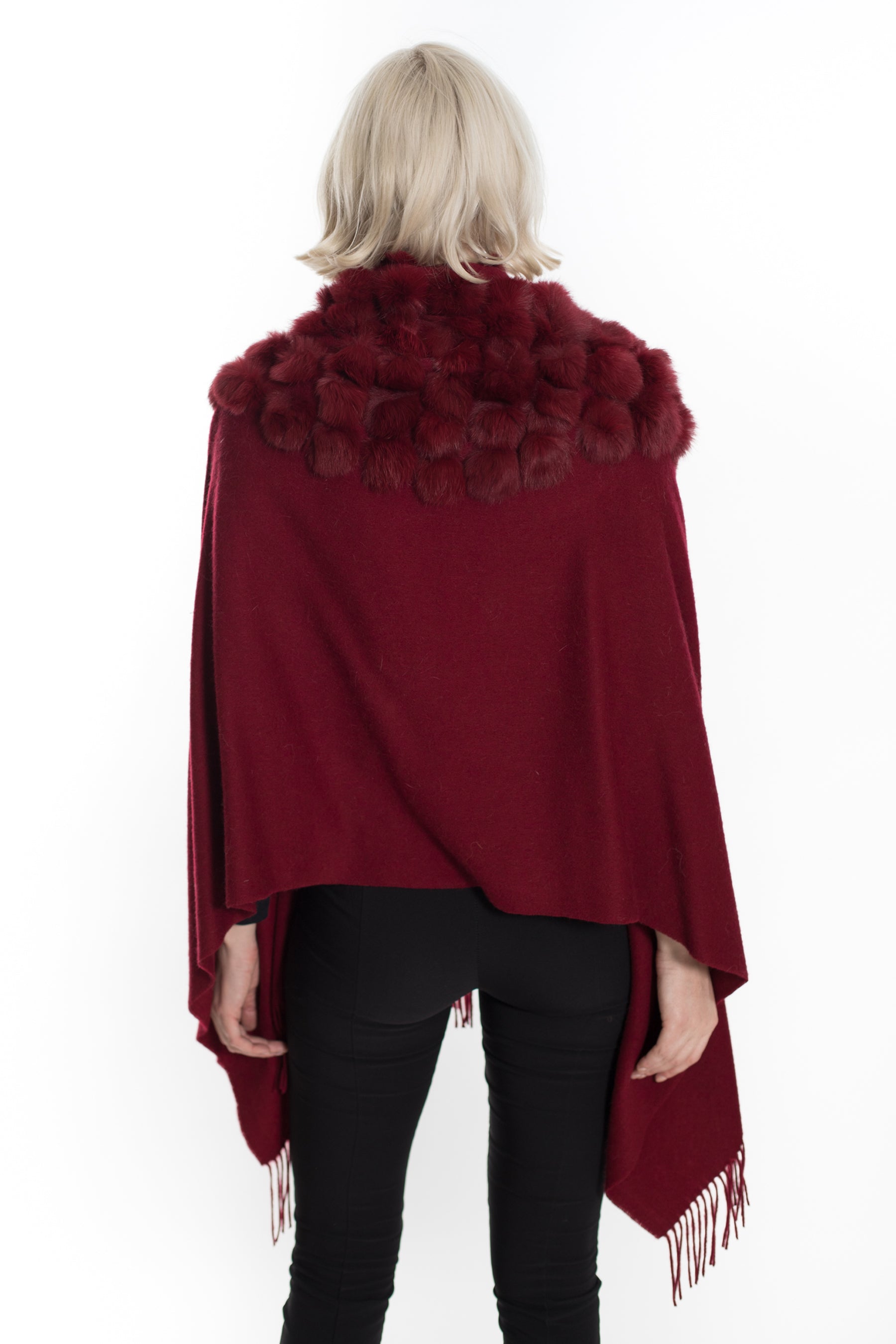 Marbella- Wool blend wrap with rabbit pom pom details