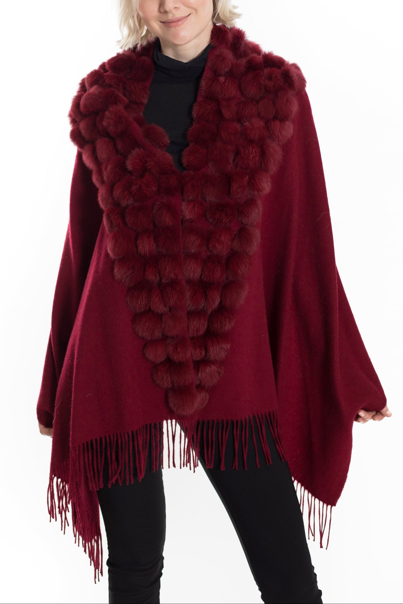 Marbella- Wool blend wrap with rabbit pom pom details