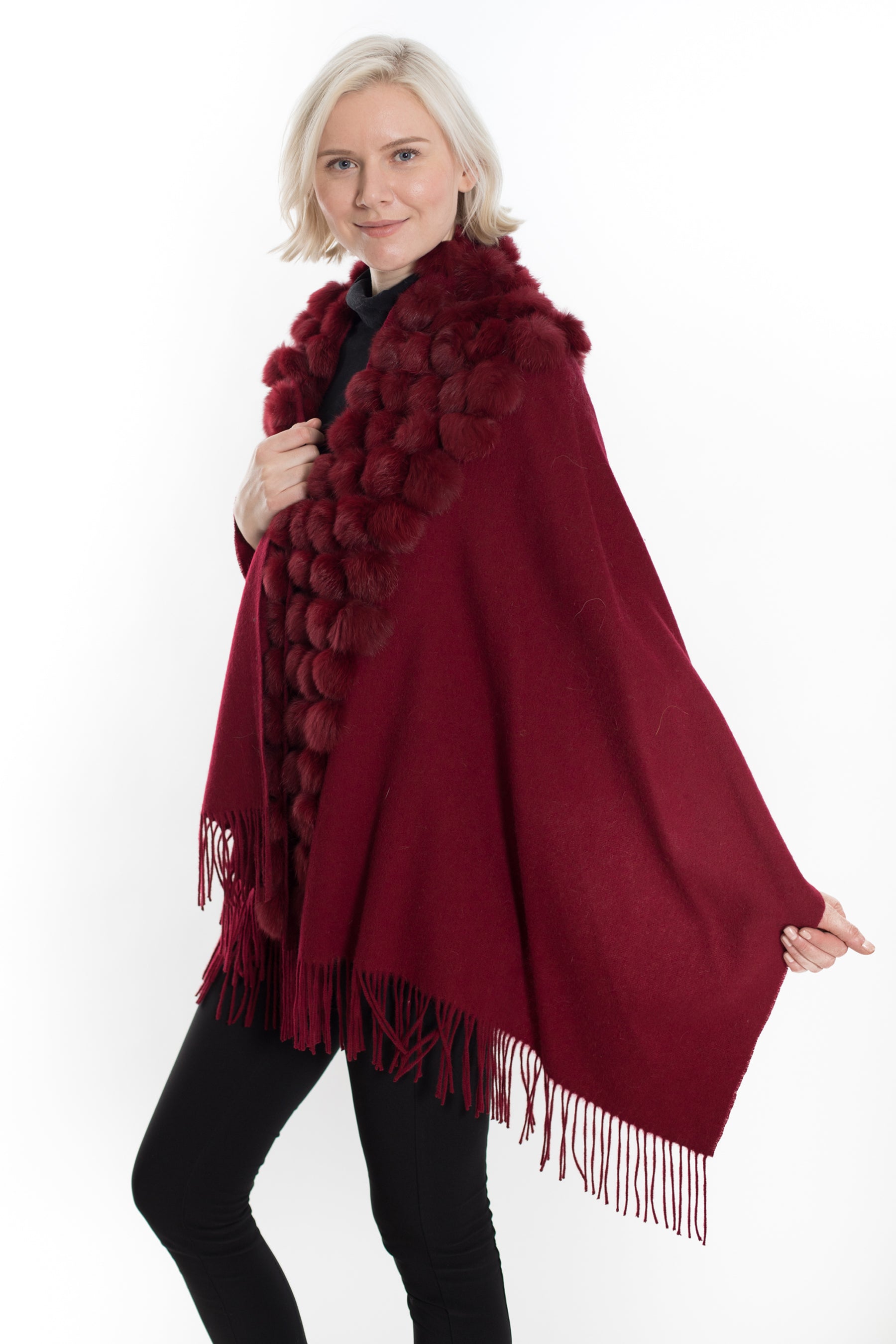 Marbella- Wool blend wrap with rabbit pom pom details