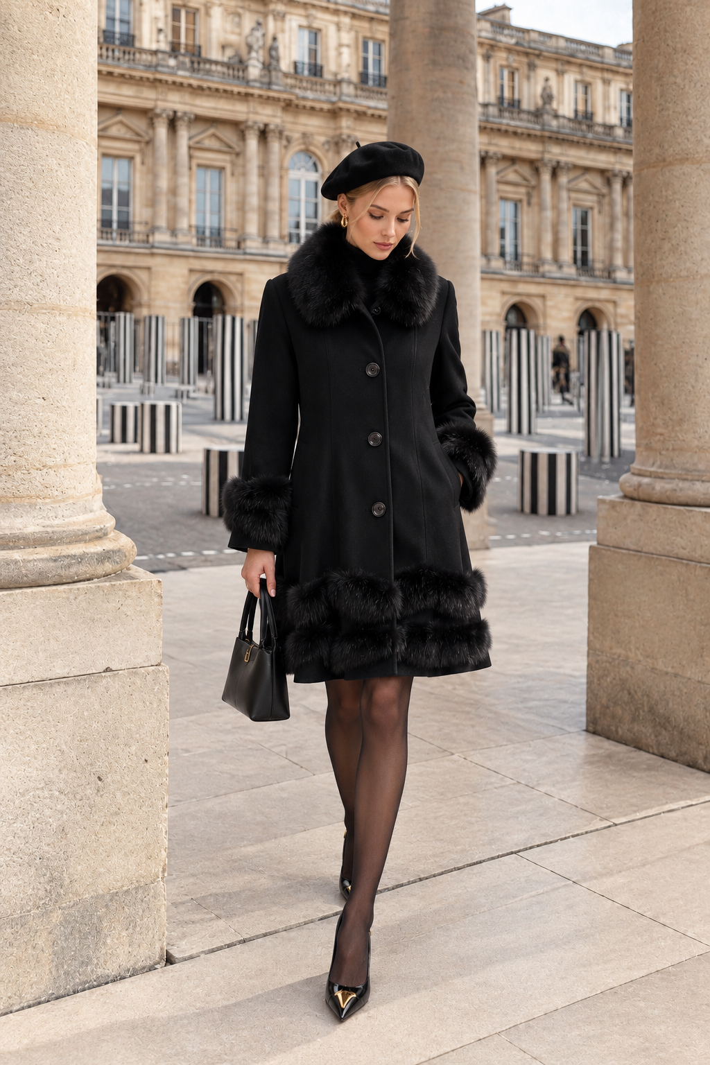 Amira- A-Line Swing Coat with Faux Fox Fur Trim