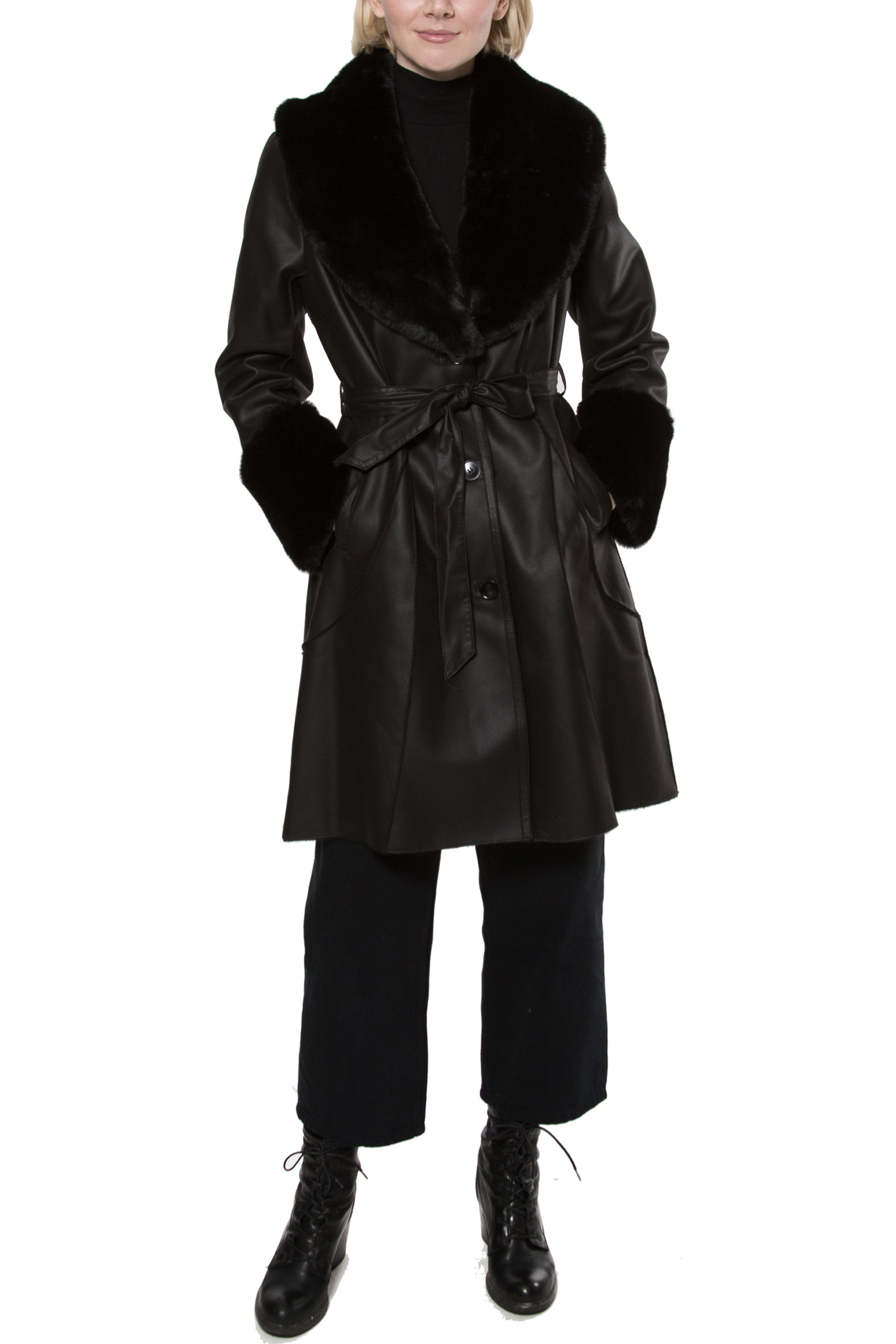 THE BAYEUX - Faux Shearling & Faux Leather Wrap Coat