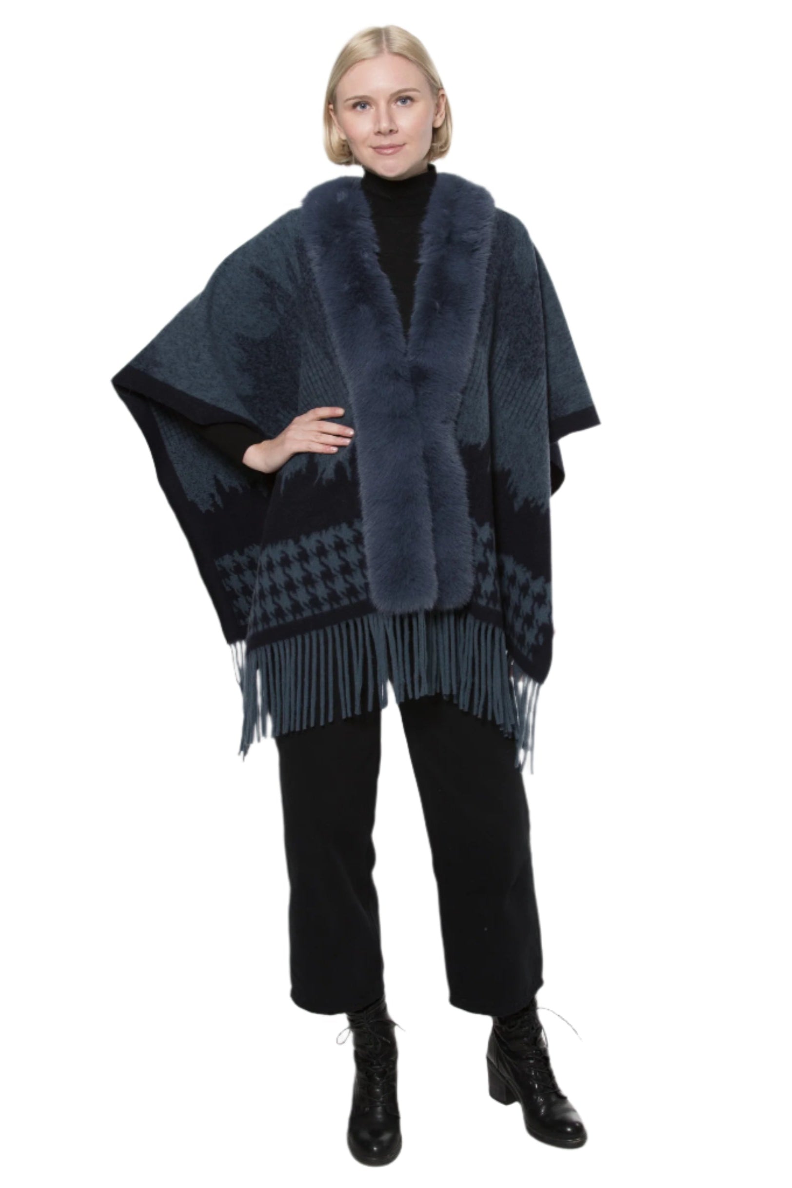 Cashmere Blend Wrap with Faux Fur Trim and Fringes