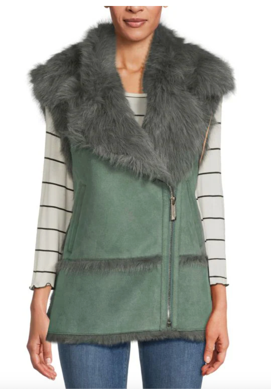 Faux Toscana Shearling & Faux Suede Zip Vest/ Size Large/ Jade