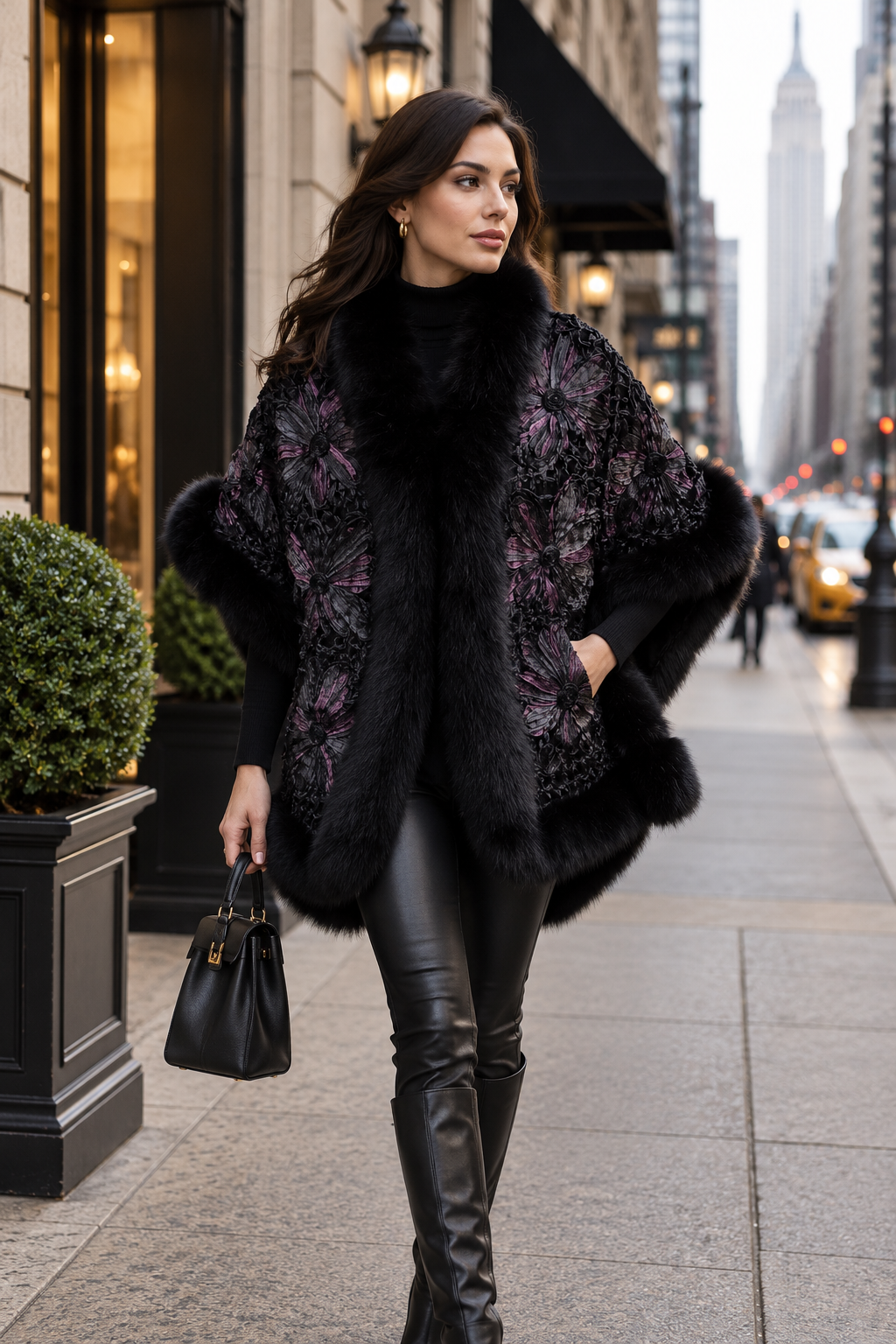 SAYDA - Knitted Silk Design Cape with Fox Trim