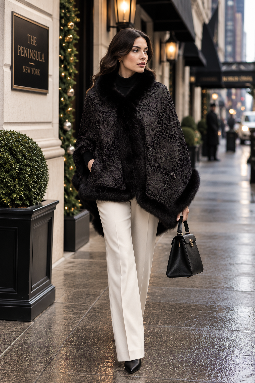 SAYDA - Knitted Silk Design Cape with Fox Trim