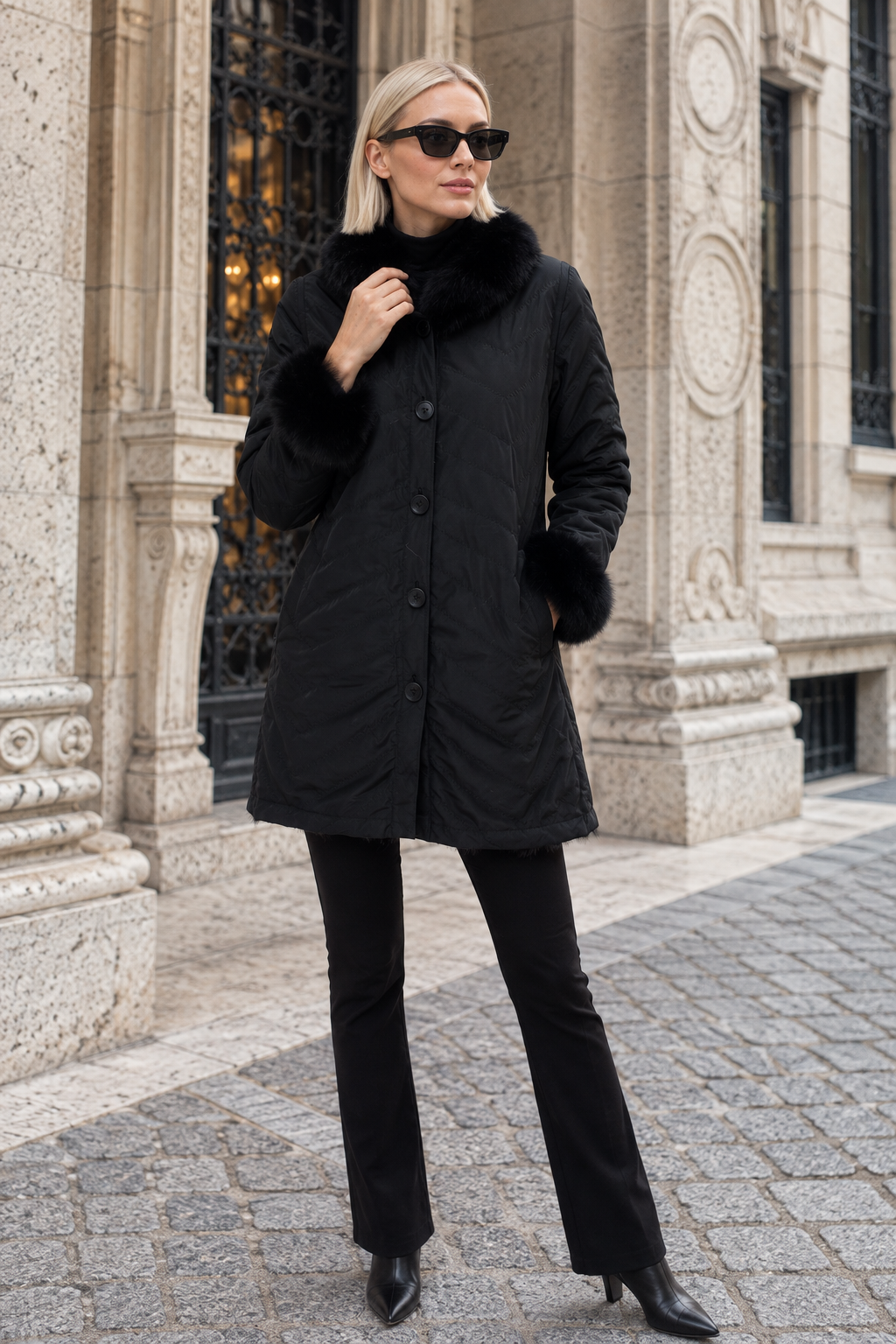 ALPINE - Reversible Fur Coat with Herringbone Layers