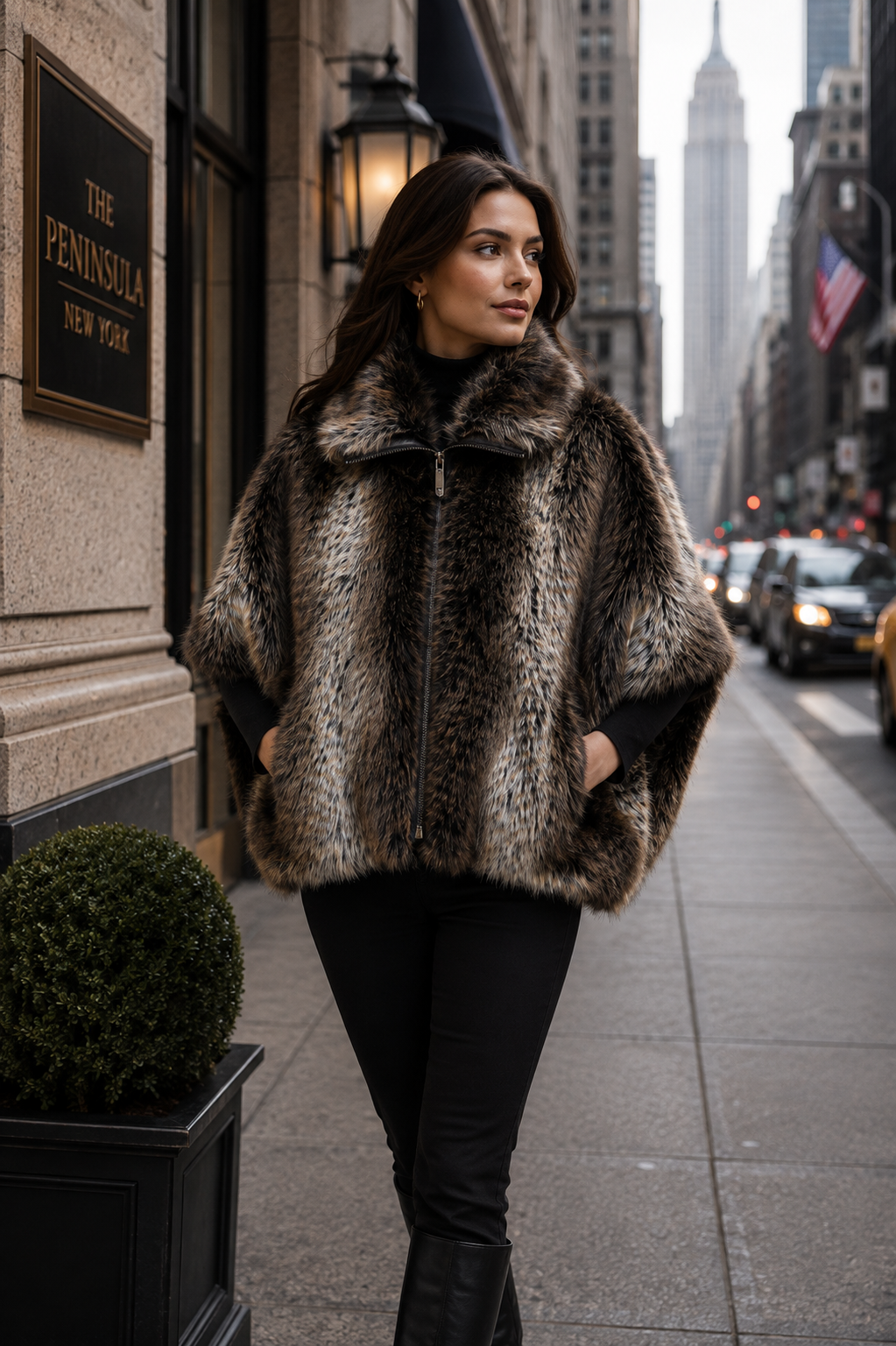 Greenwich- Faux Fox Zip-Front Cape