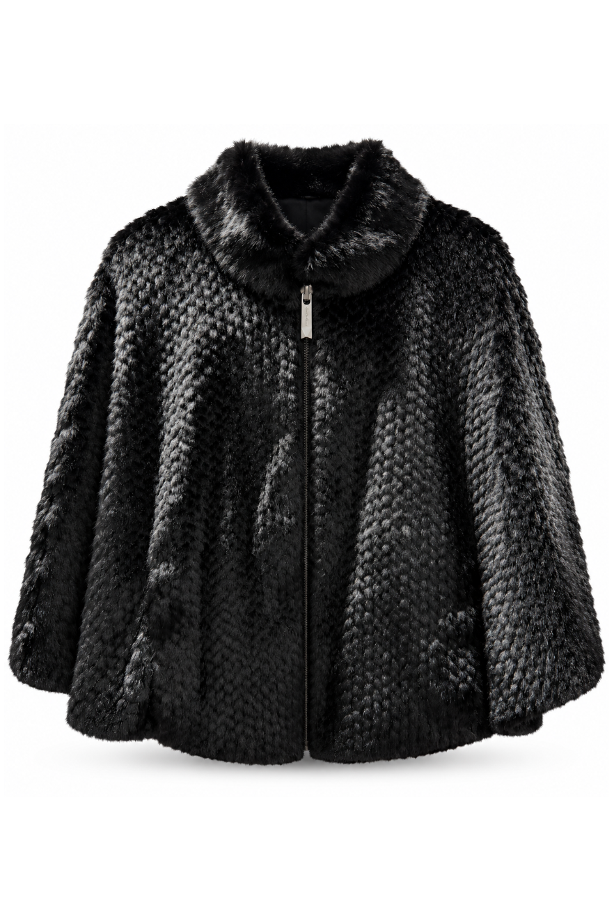 Bayonne- Knitted Faux Mink Zip-Front Poncho